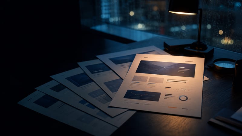 Several website design mockups fanned across a desk, one lit brighter than the rest