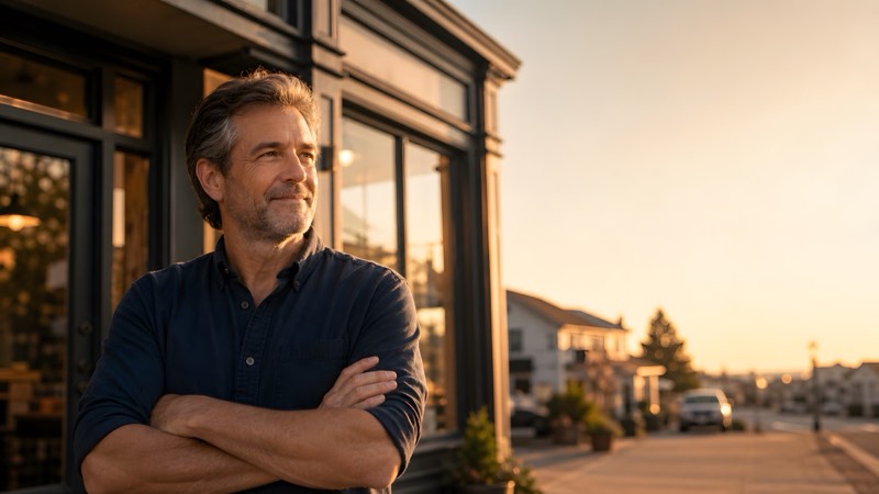 A shop owner standing outside his storefront at golden hour, arms crossed