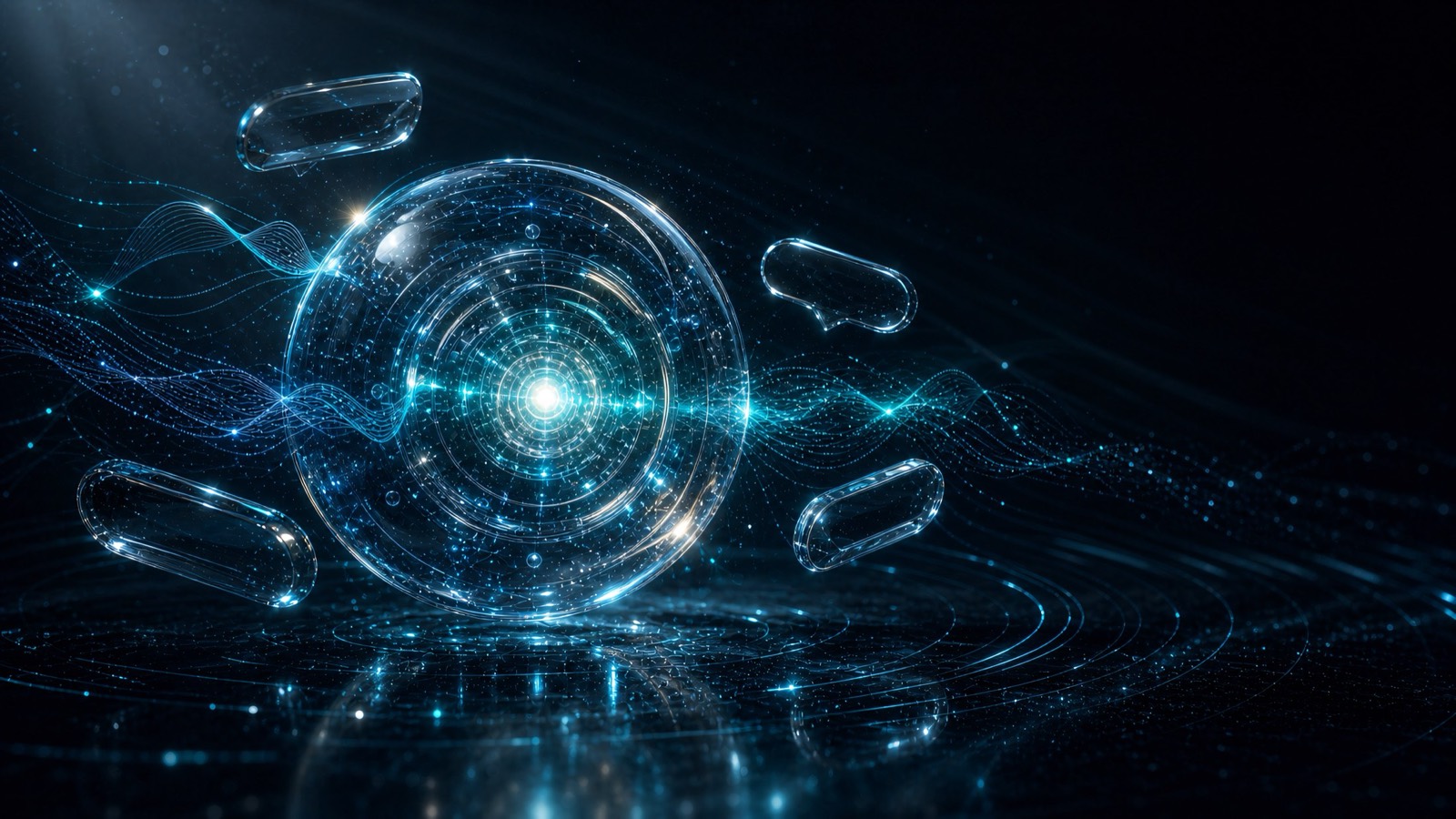 A glowing glass ring surrounded by floating message bubbles on a dark background