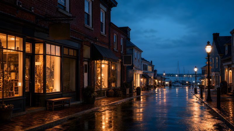 A small-town main street glowing at night