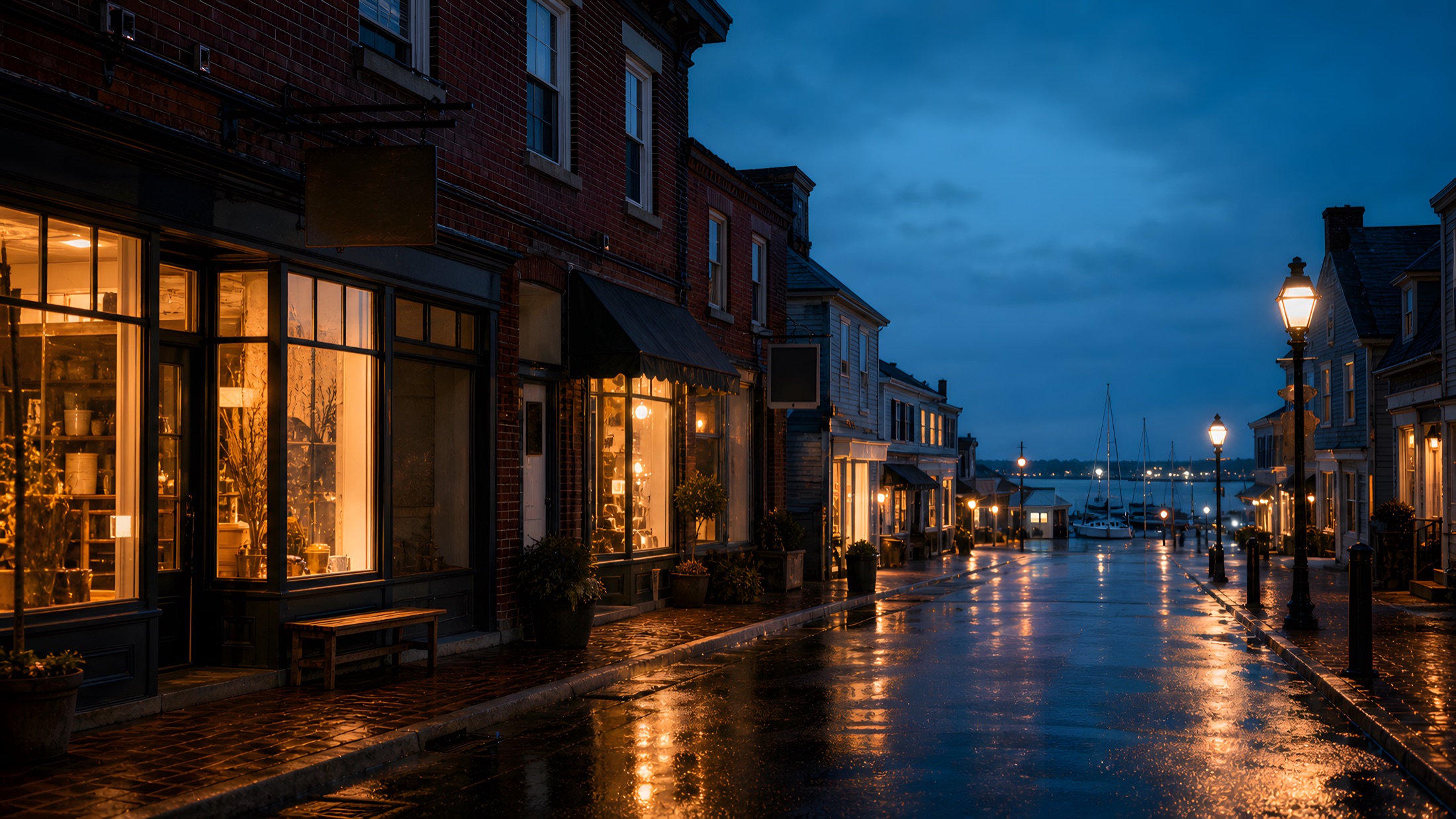 A hand holding a phone on a dusk main street, a map of glowing business pins on screen