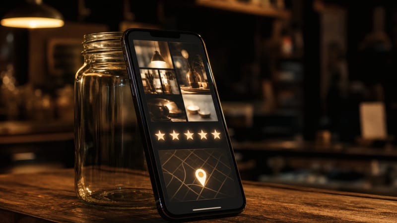 A phone propped against a jar on a shop counter showing photos, stars and a map fragment