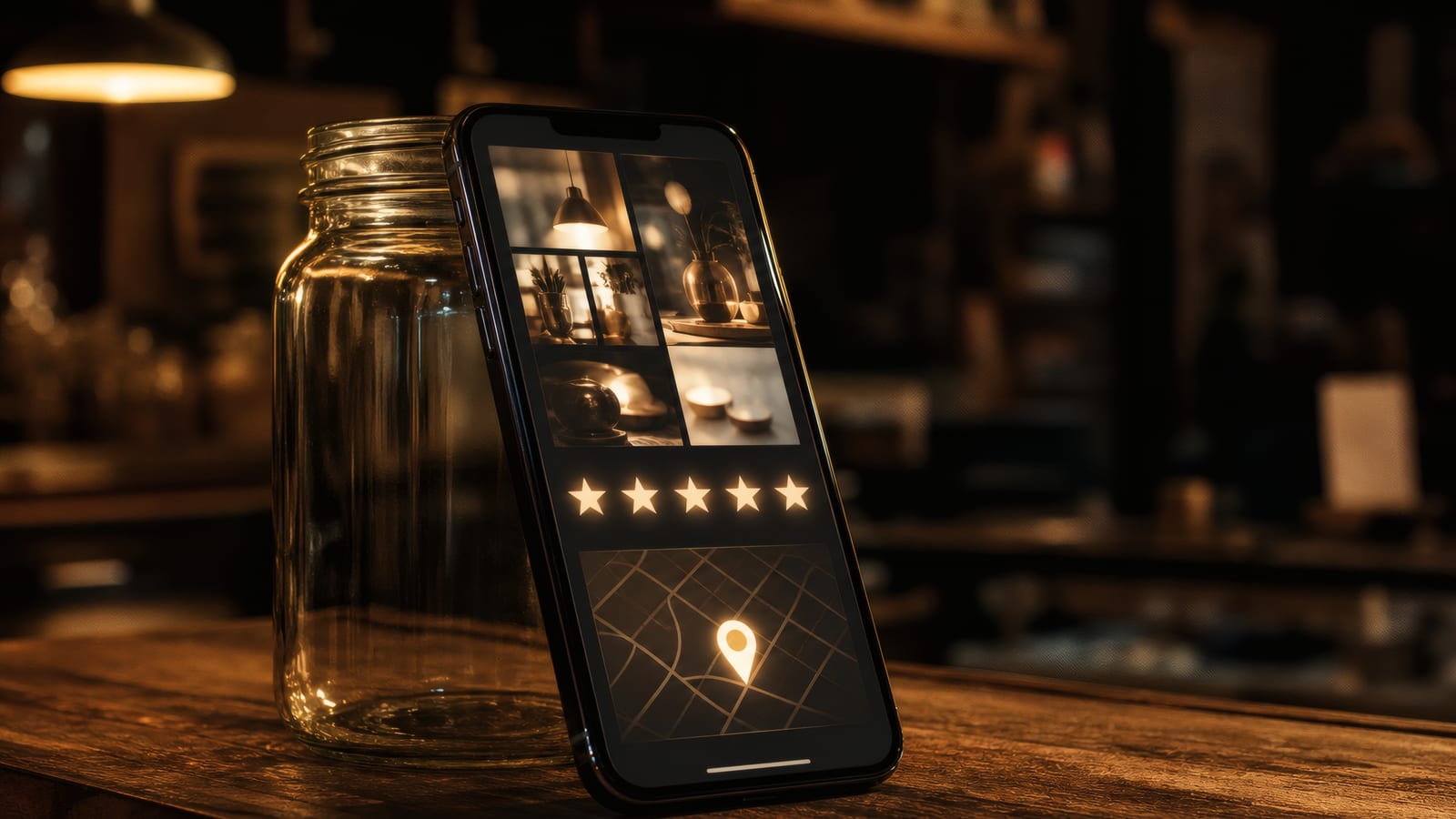 A phone propped against a jar on a shop counter showing photos, stars and a map fragment