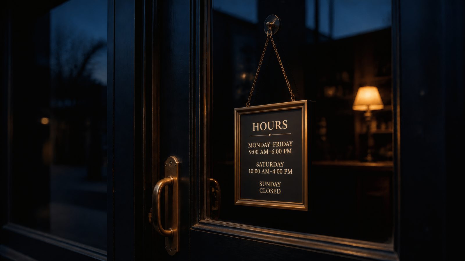 A shop door at dusk with an hours sign catching the last light
