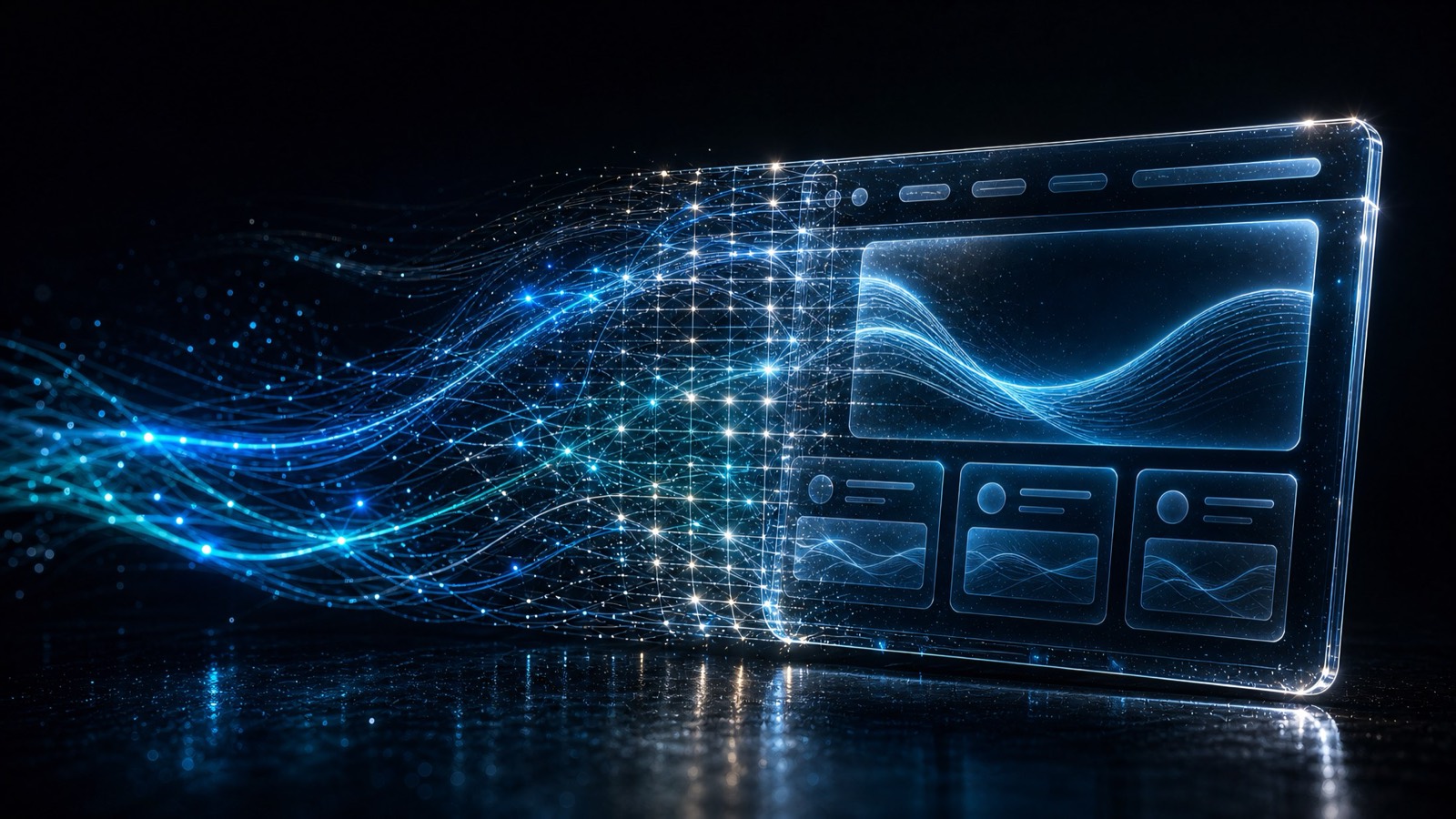 Streams of light flowing toward small website windows on a dark background