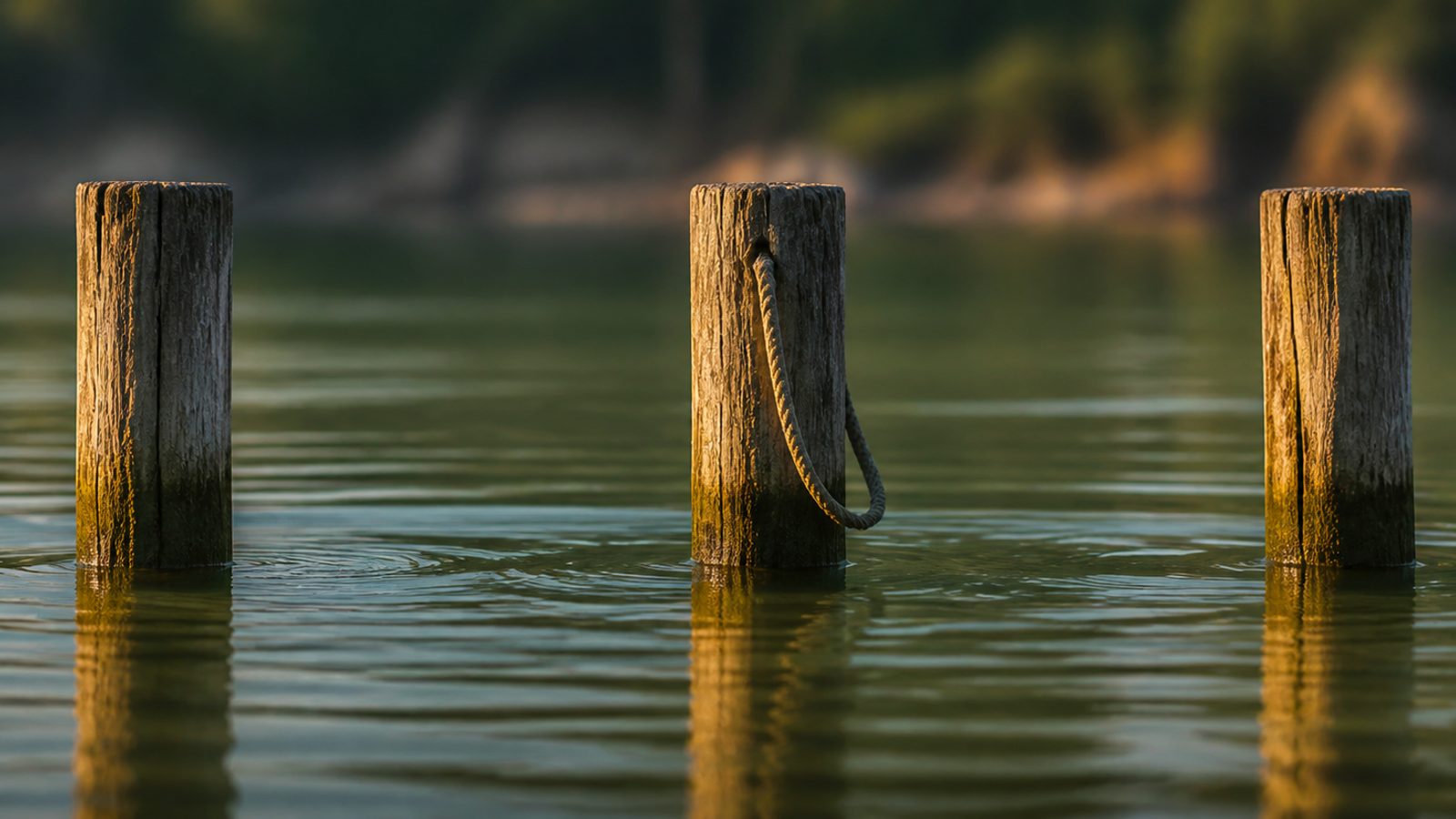 Three weathered dock pilings standing in still golden water after the crowds have gone