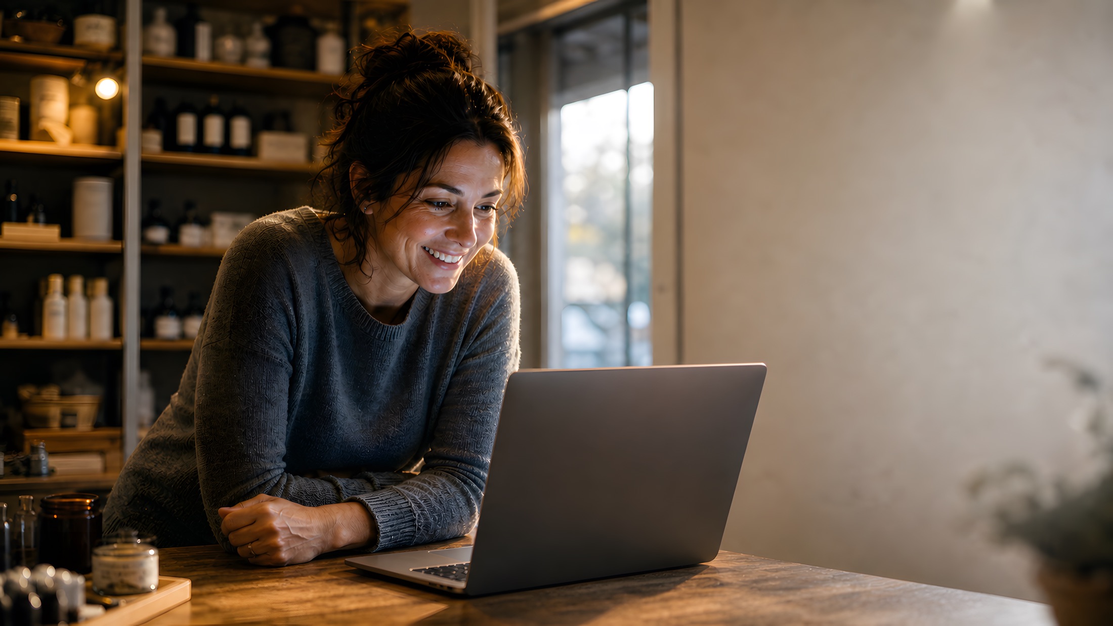 A business owner working at a laptop in a dim room