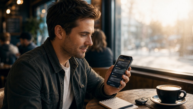 A man at a cafe reading star reviews on his phone before making a call