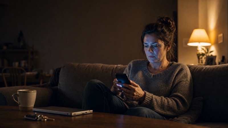 A homeowner on a couch at night, frowning at a slow website on her phone