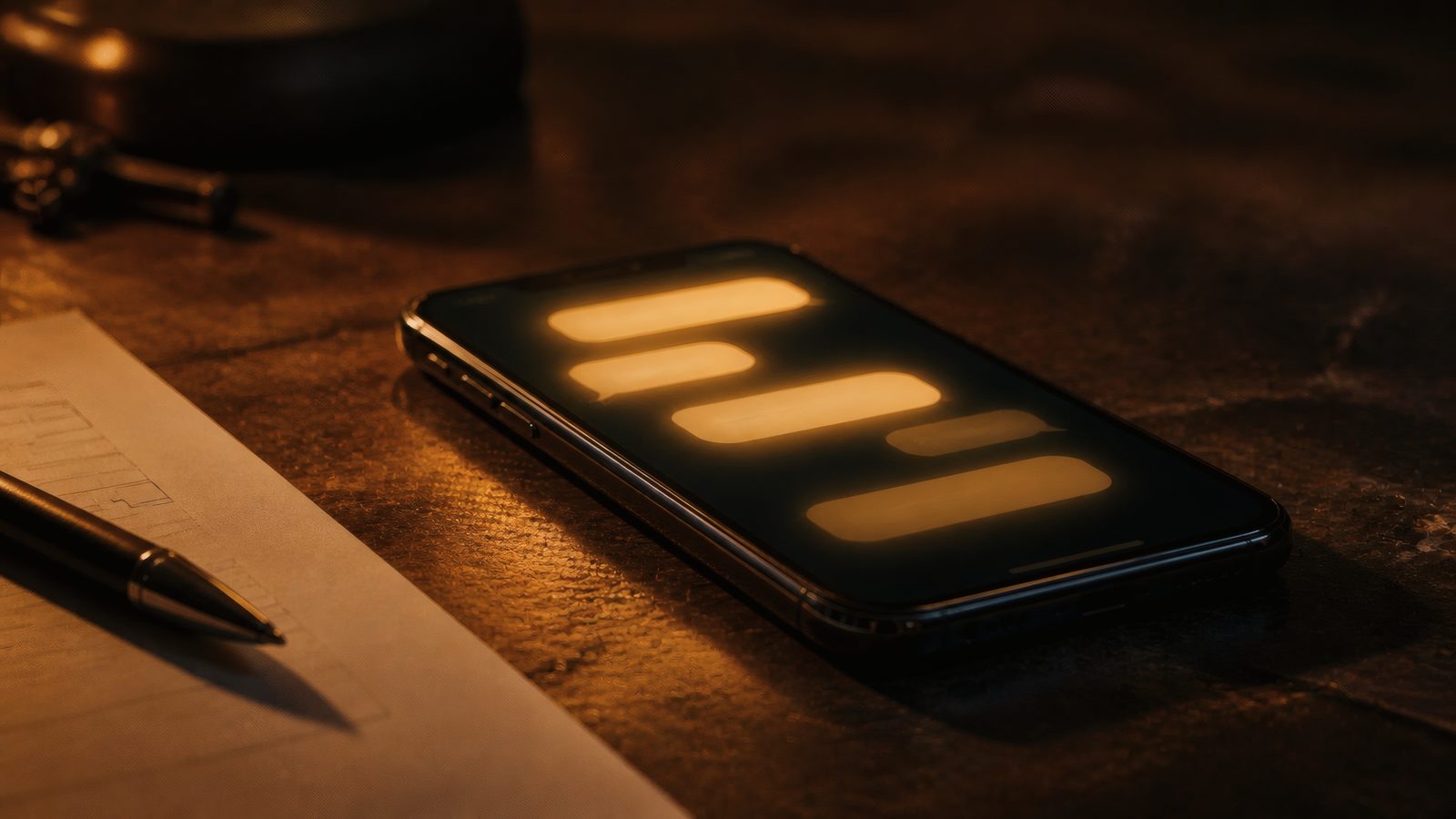 A phone on a workbench at night showing a text conversation, warm light on dark wood
