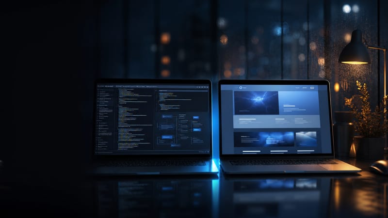 Two laptops side by side, one showing code and the other a finished website
