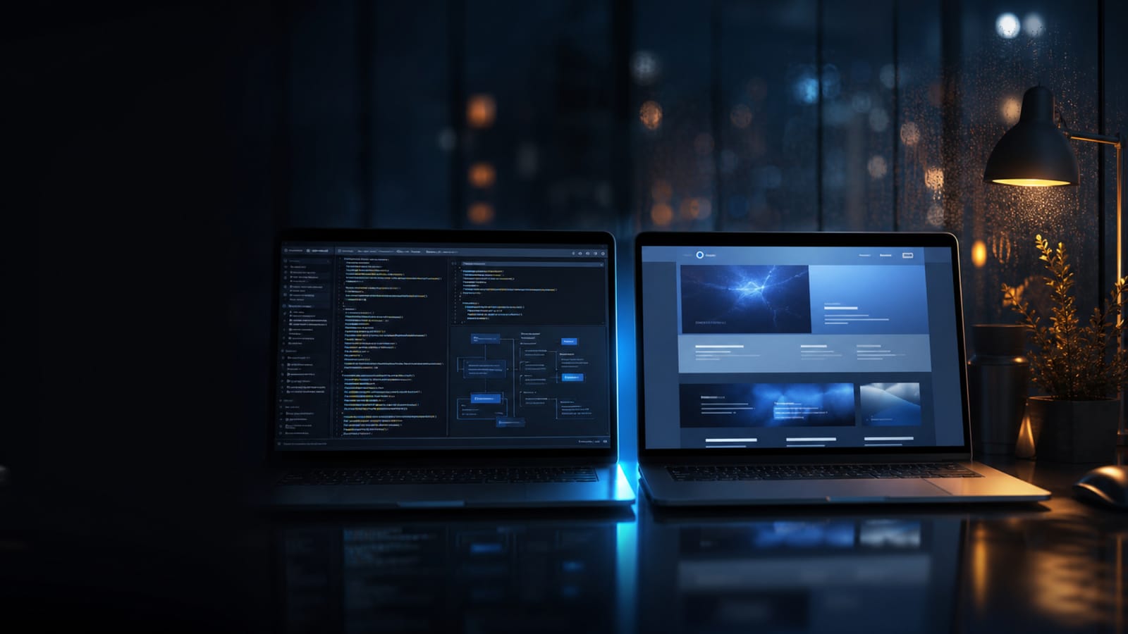 Two laptops side by side, one showing code and the other a finished website