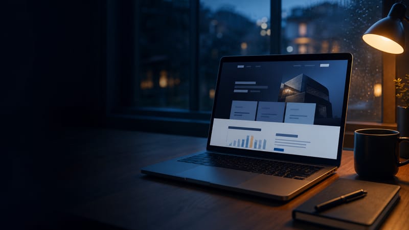 A laptop on a desk at dusk showing a website with charts, a notebook and coffee beside it