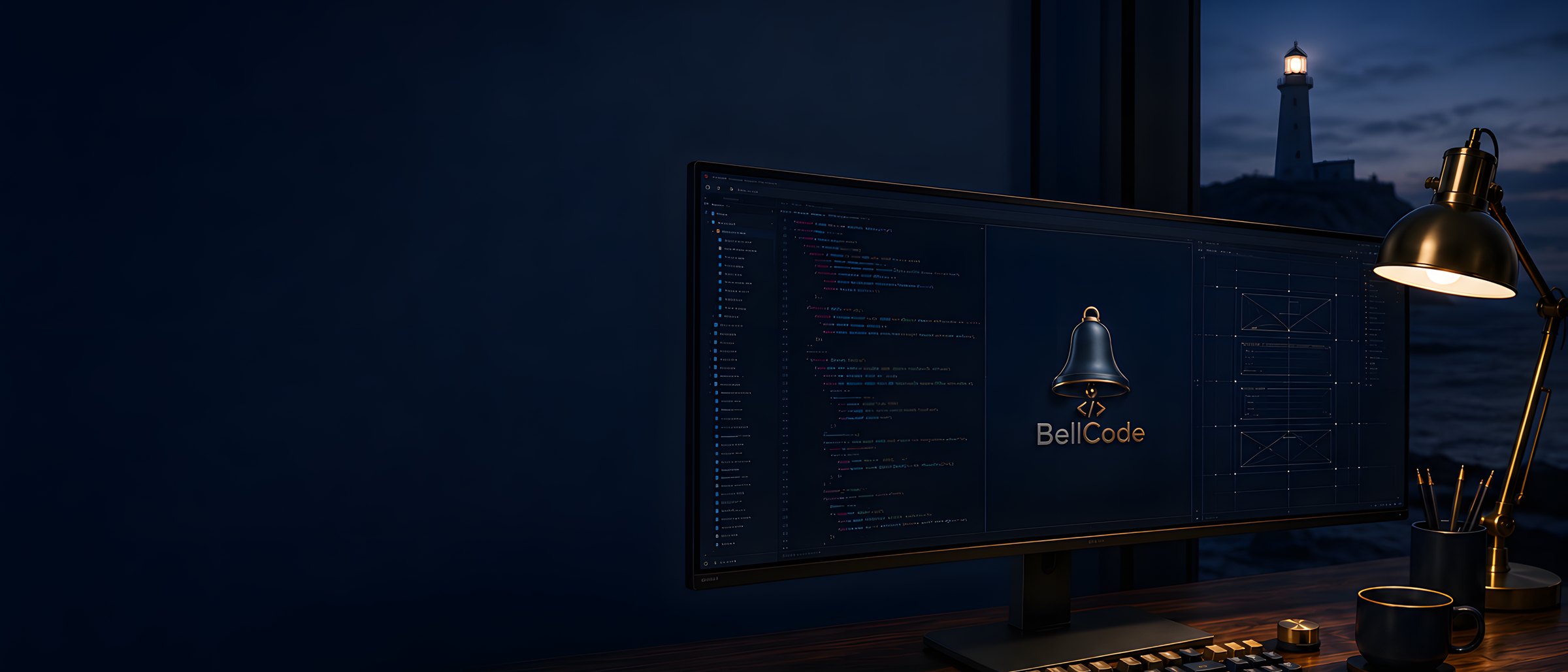 A web design studio at night, an ultrawide curved monitor glowing over a dark desk, a coastal lighthouse on the screen and through the window