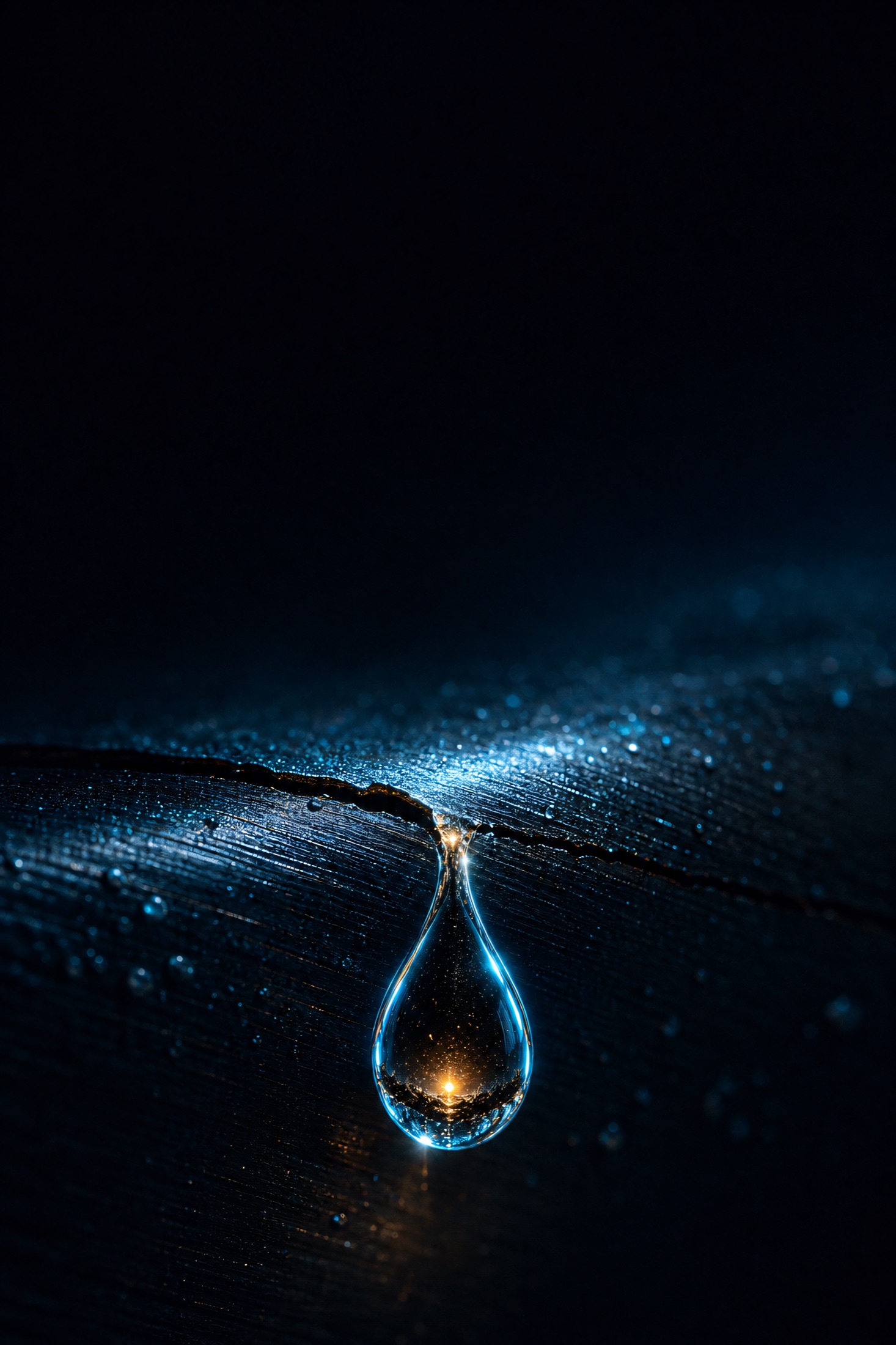 A single glowing drop leaking through a crack in a dark surface