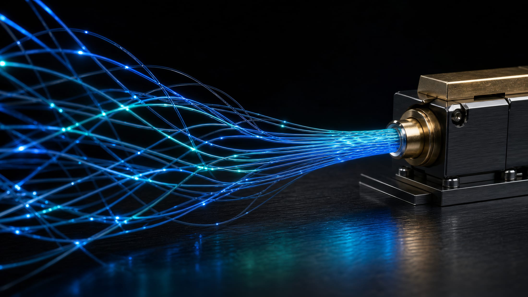 Dozens of glowing fiber threads weaving into one braid that plugs into a small brass terminal block