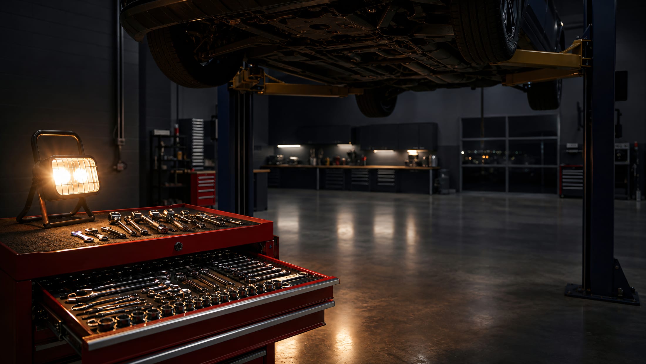 A clean auto shop at night: a car on the lift above an organized tool chest