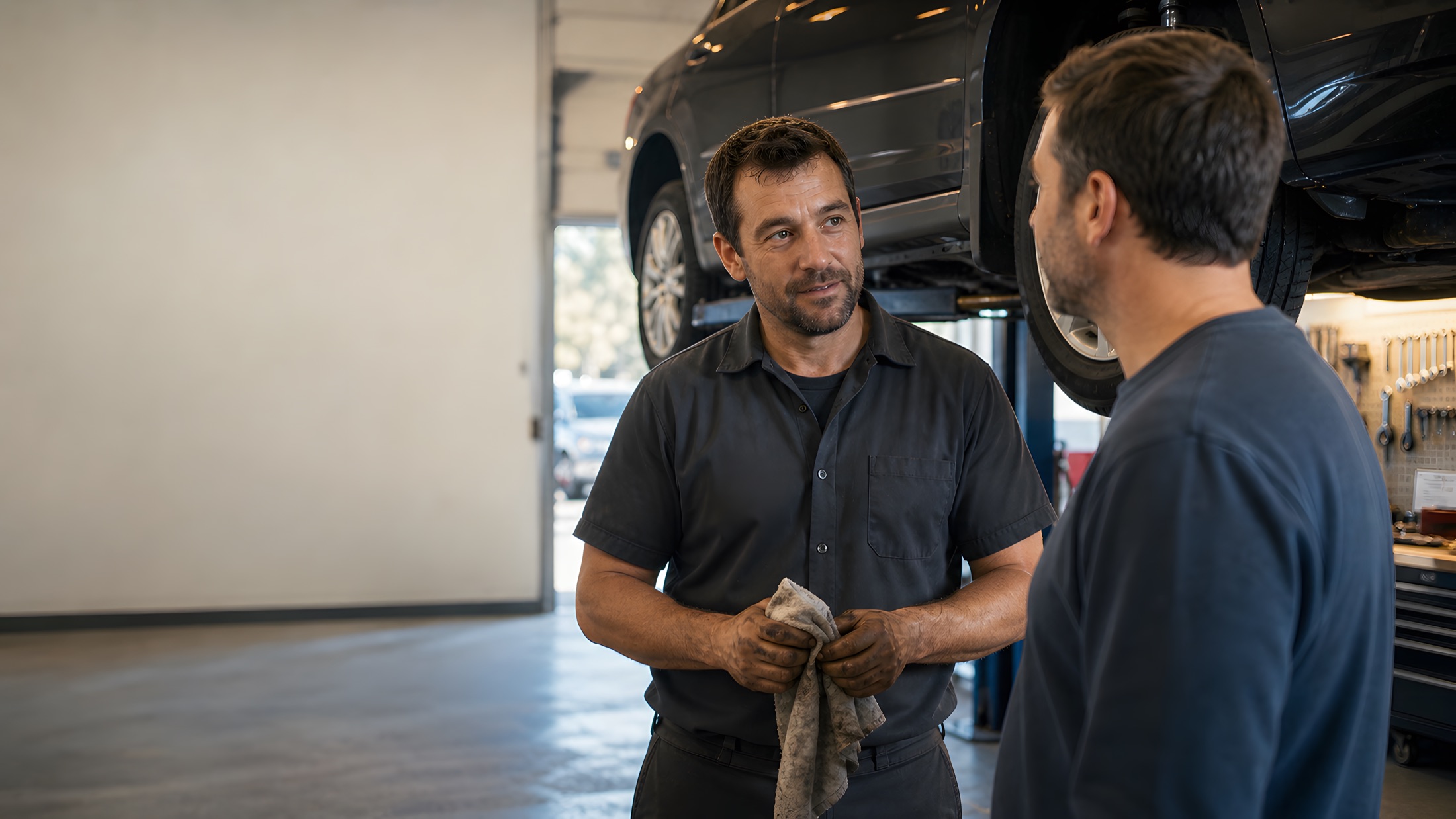 An auto mechanic talking with a customer in the shop