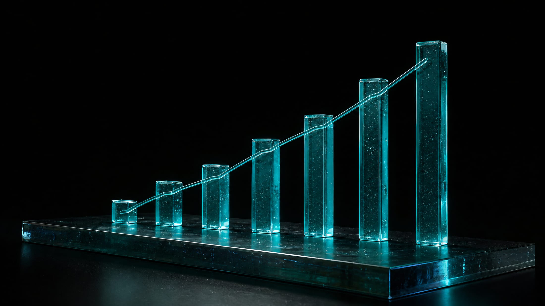 Bars and a rising line of solid teal light growing out of a slab of smoked glass