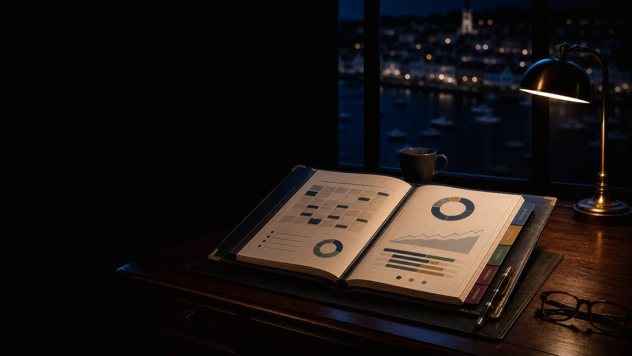 A weekly report open on a manager's desk under a brass lamp, a small harbor town at dusk outside the window