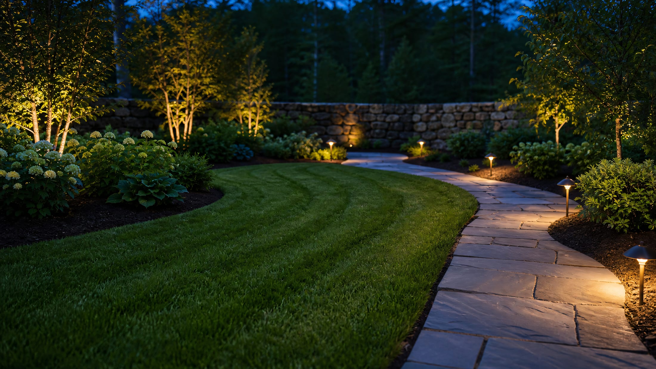 A finished backyard at dusk: crisp mulch edges, path lights along bluestone, fresh mow lines