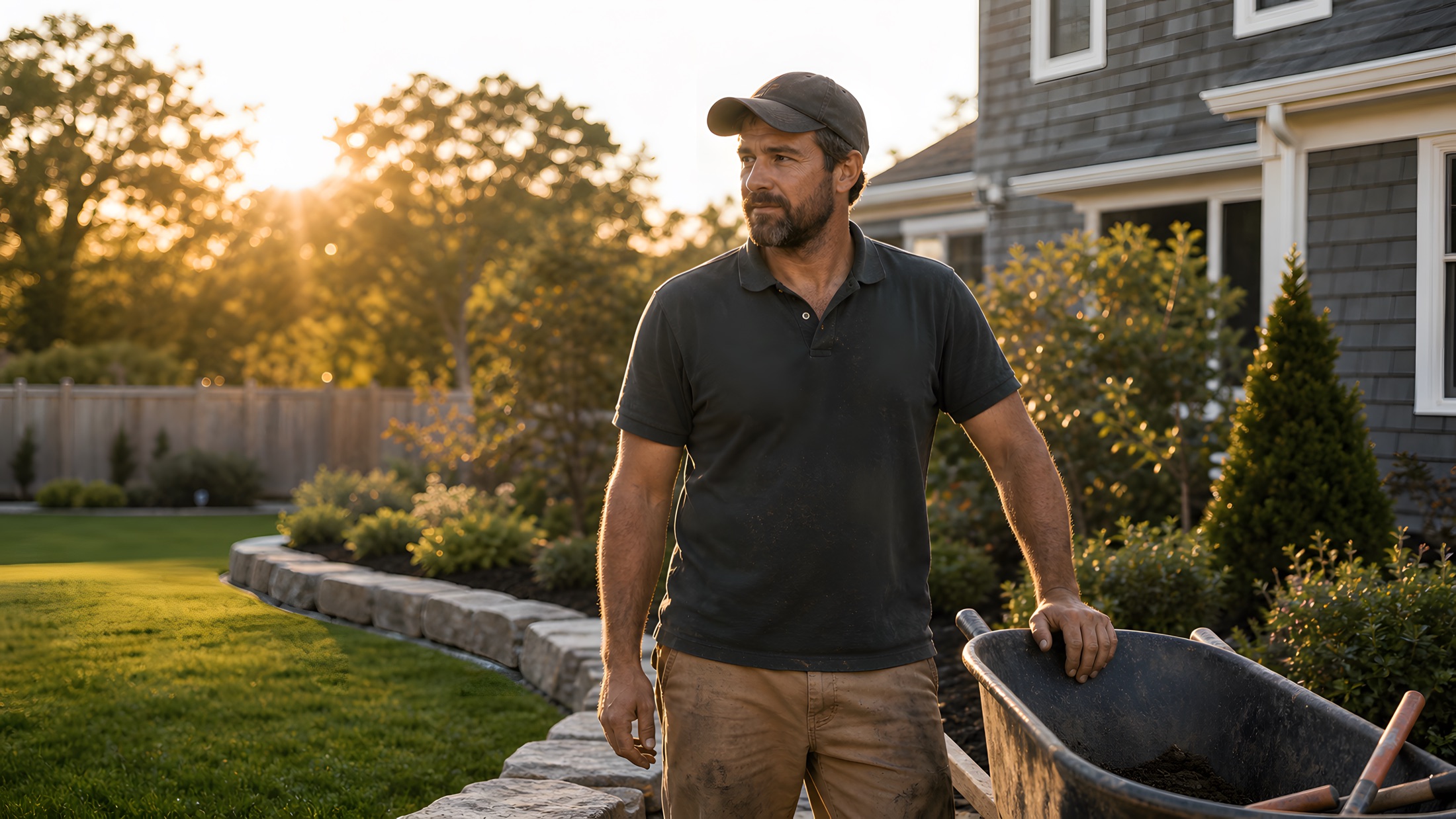 A landscaper with a wheelbarrow in a yard at golden hour