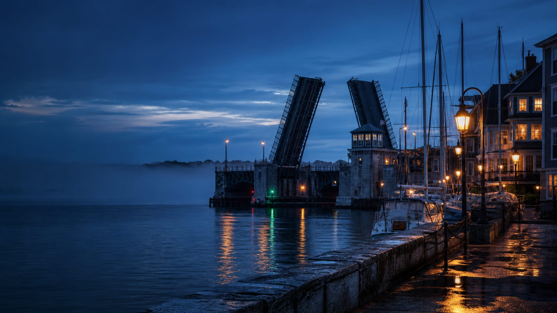 A Connecticut shoreline drawbridge over a tidal river at blue hour, sailboats and warm lamplight