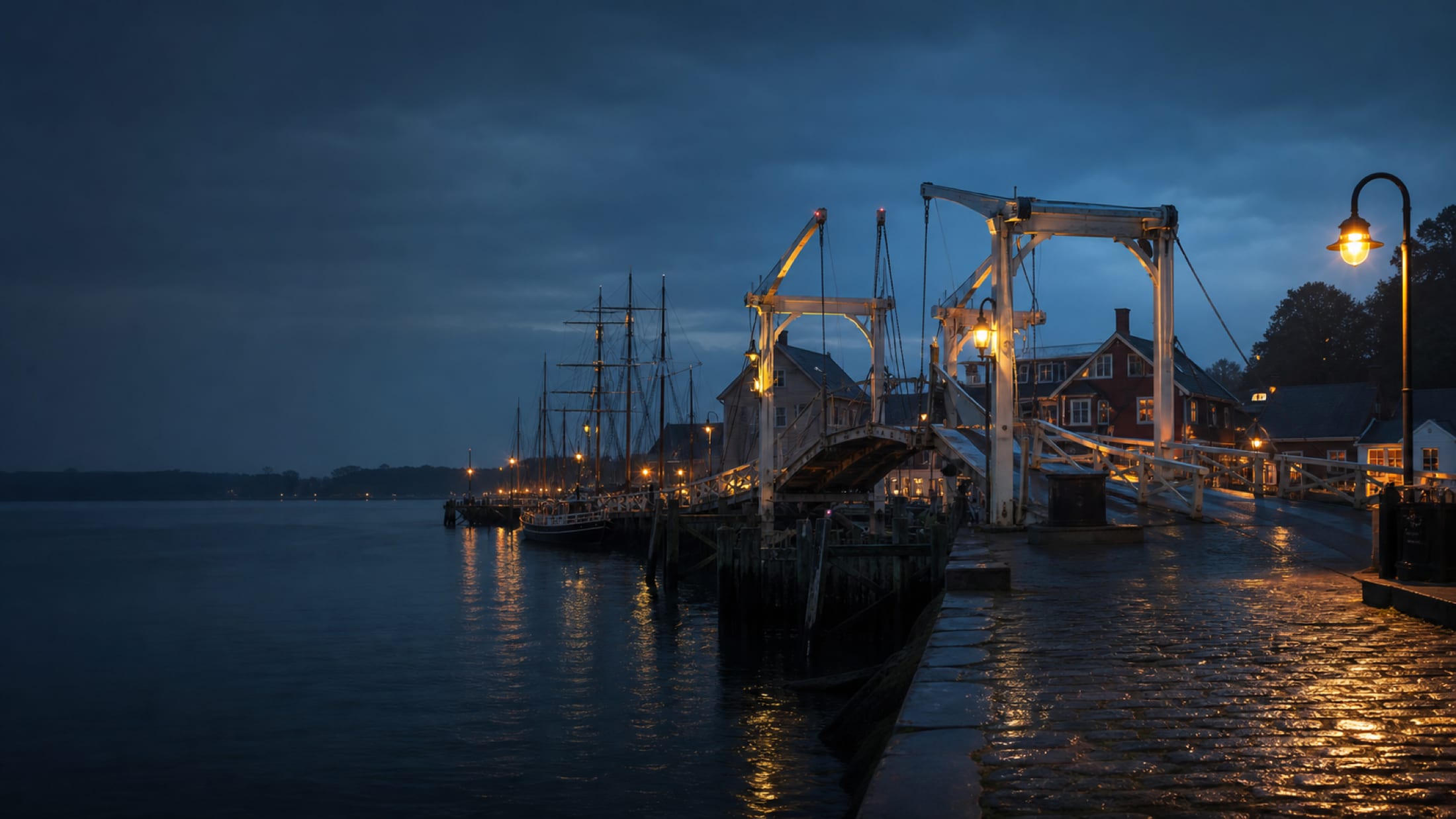 The Mystic drawbridge and river at dusk, tall-ship masts and lights on the water