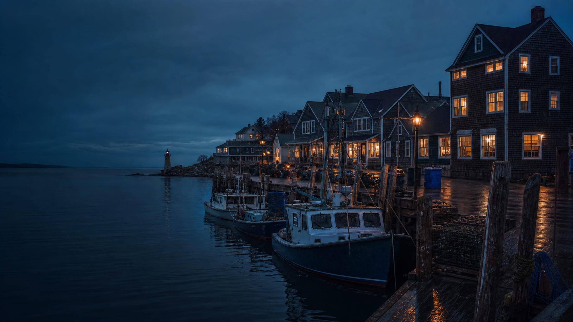 A small Rhode Island harbor town at dusk, fishing boats at the dock and lit shopfronts along the water