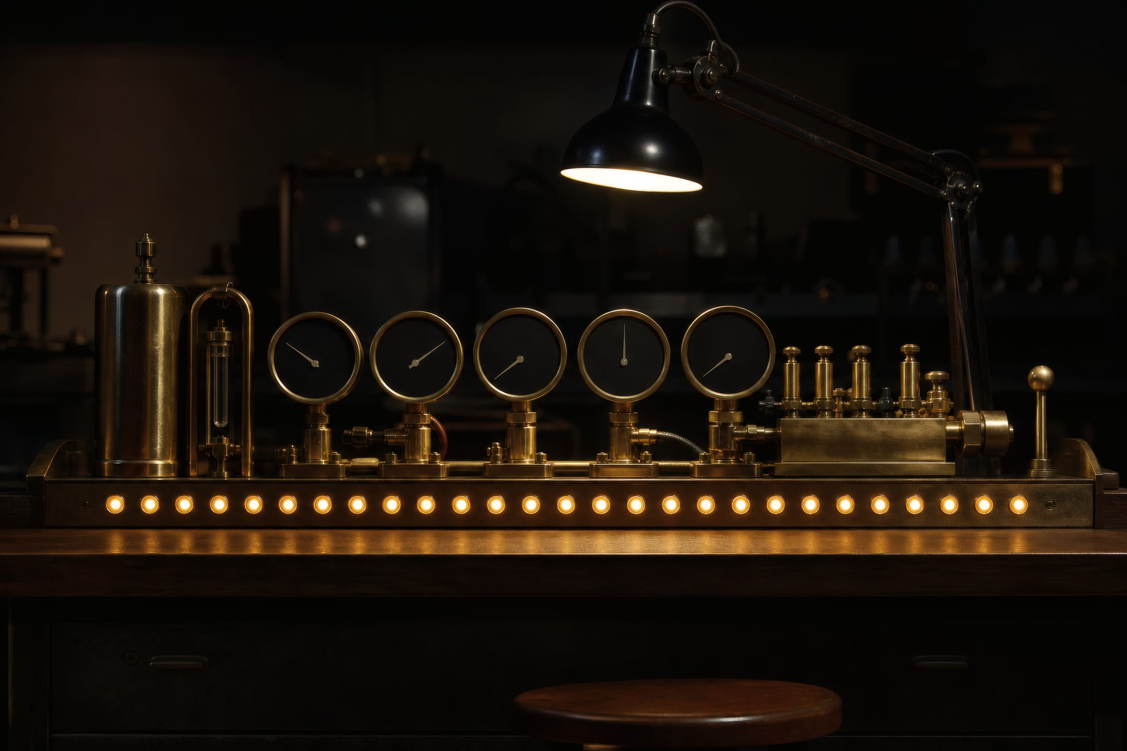 A row of brass gauges on a lit test bench in a dark workshop