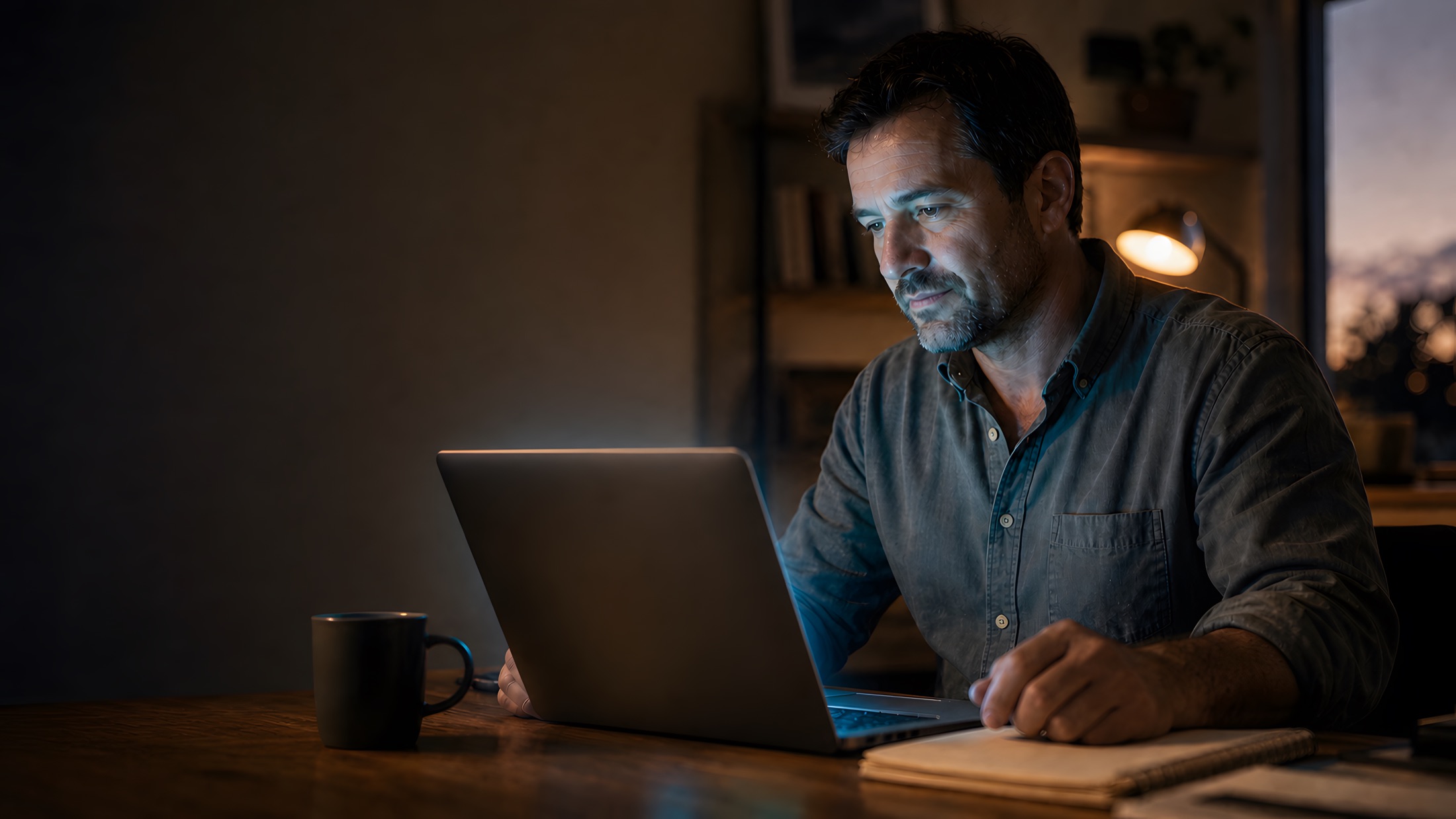 A business owner working late at his laptop by lamplight