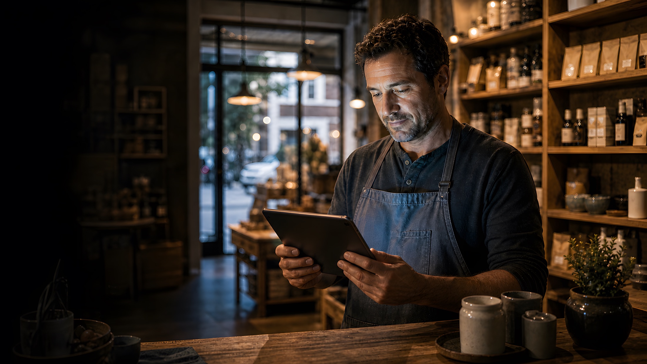 A local business owner checking his numbers on a tablet behind the counter