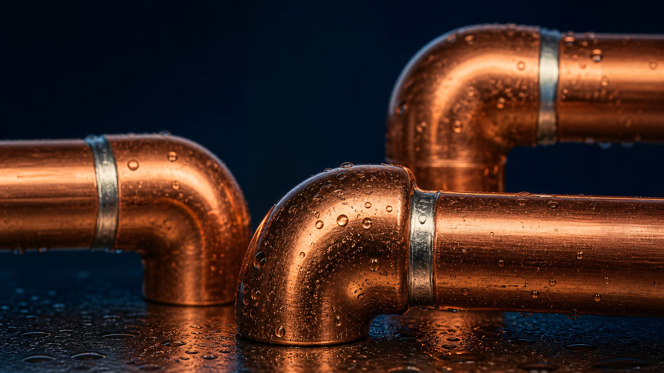 Polished copper pipe elbows with clean solder seams, water beading on the metal