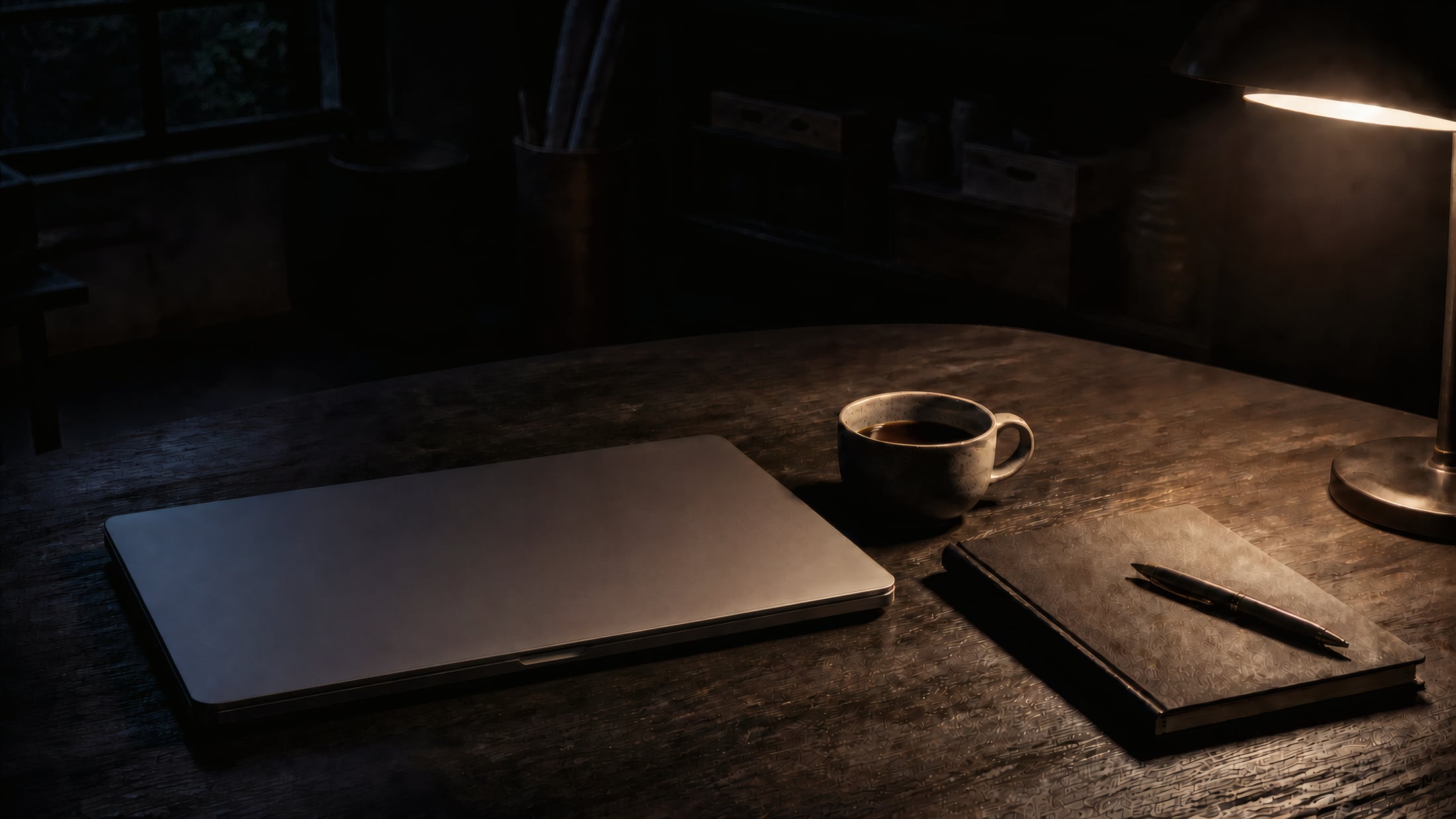 A closed silver laptop, a cup of black coffee and a shut notebook with a pen resting on it, on a dark wooden table under a lit desk lamp