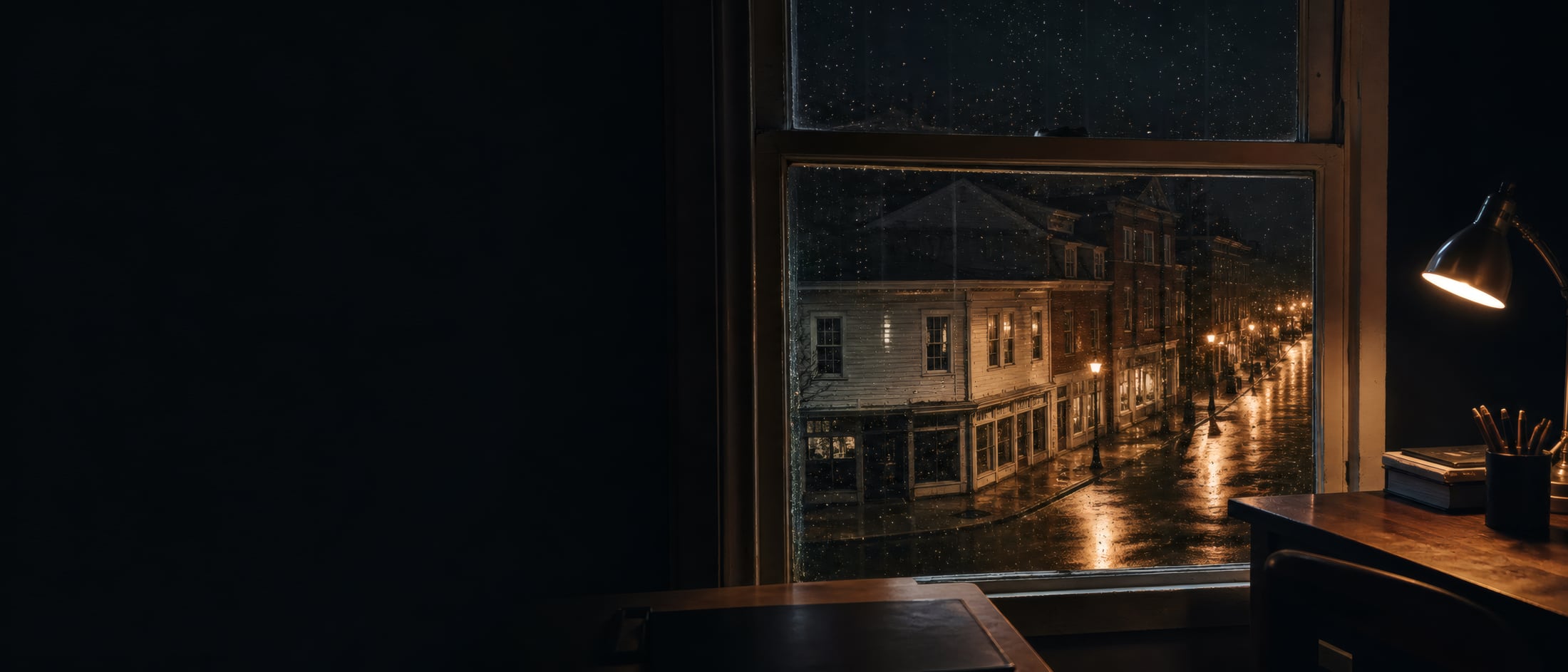 A dark office at night seen from inside, looking through a rain-beaded sash window at a wet street with lit shopfronts and a cast-iron street lamp, a desk lamp burning at the right edge