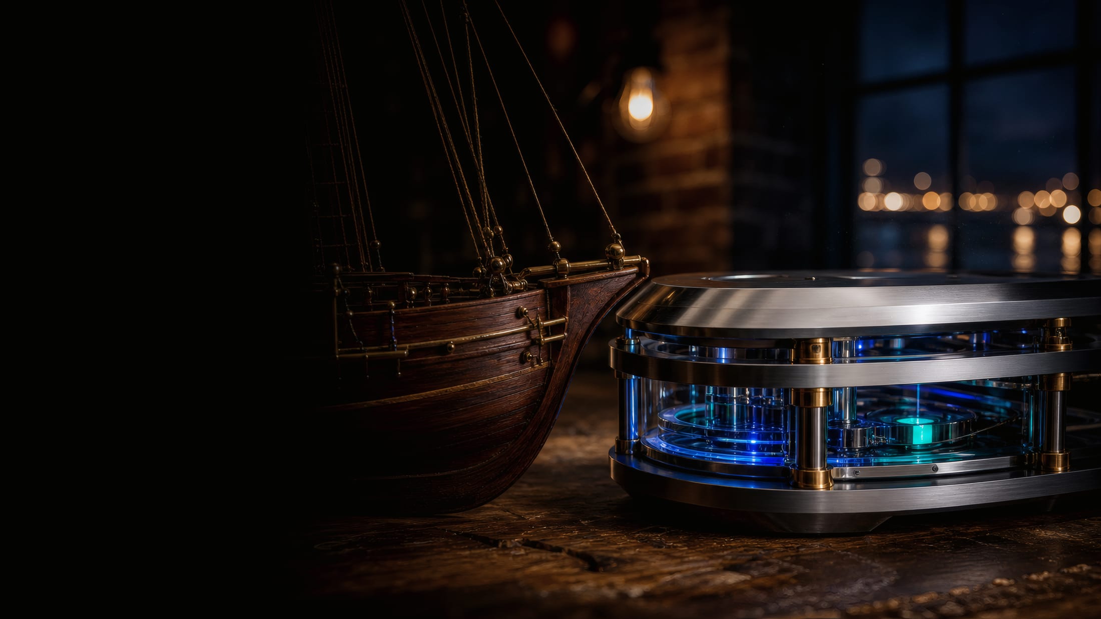A wooden ship model beside a hand-built modern instrument glowing azure on a harborside workbench at night