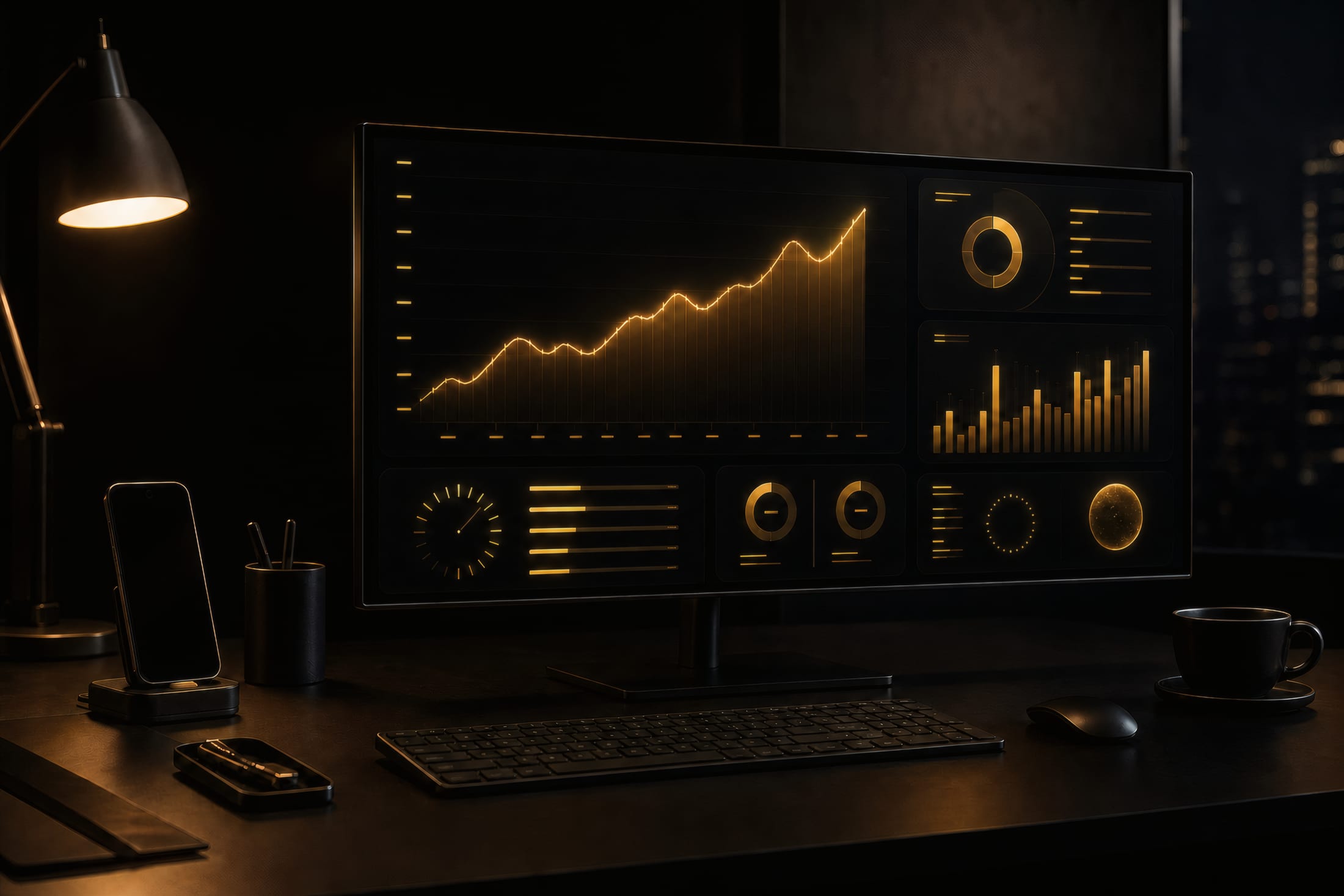 A wide monitor on a dark desk at night showing a single dashboard of charts and figures