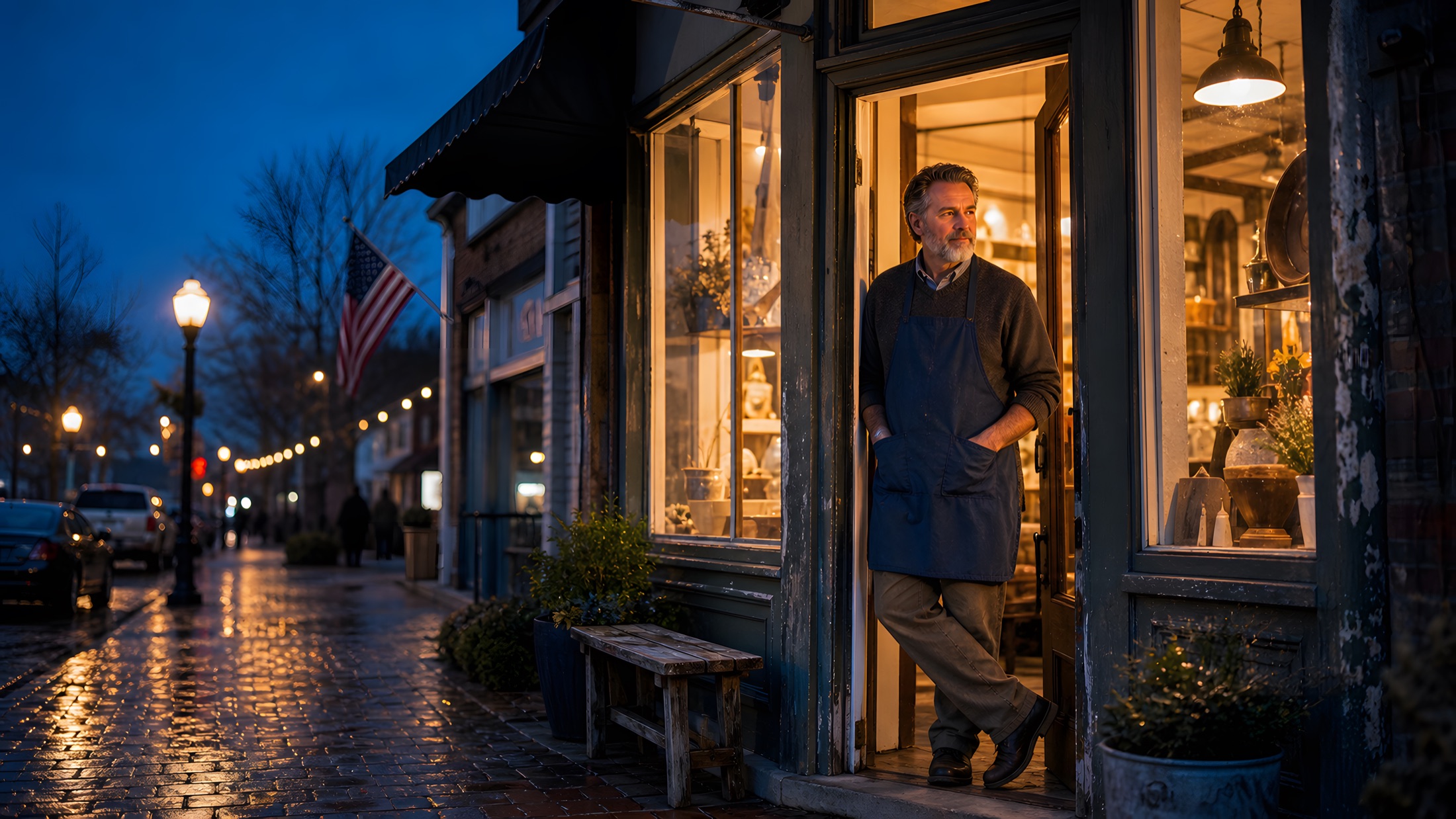 A lit local storefront at dusk on a quiet Westerly street