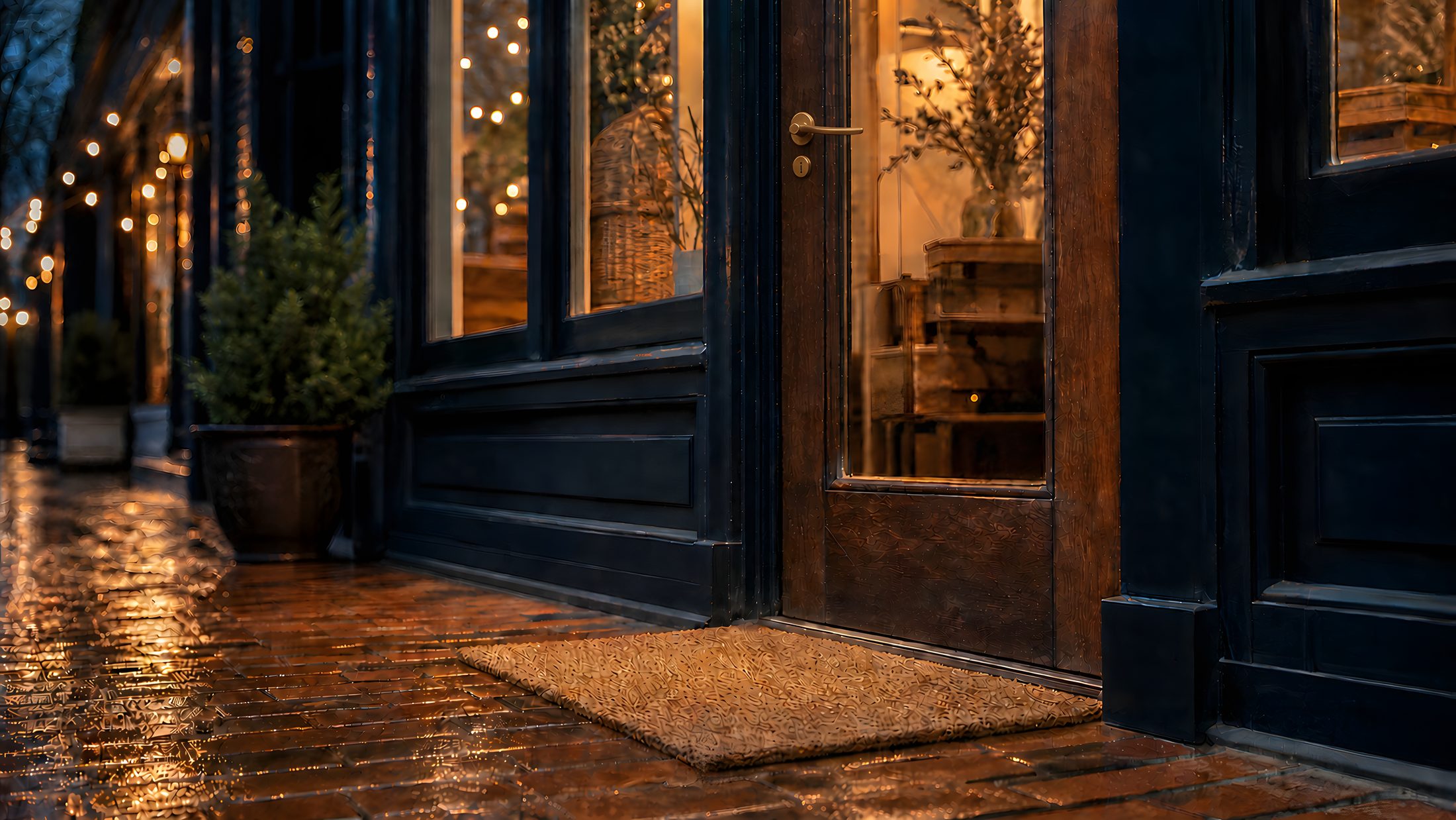 The glass front door of a small local business at dusk, warm light spilling onto the brick sidewalk