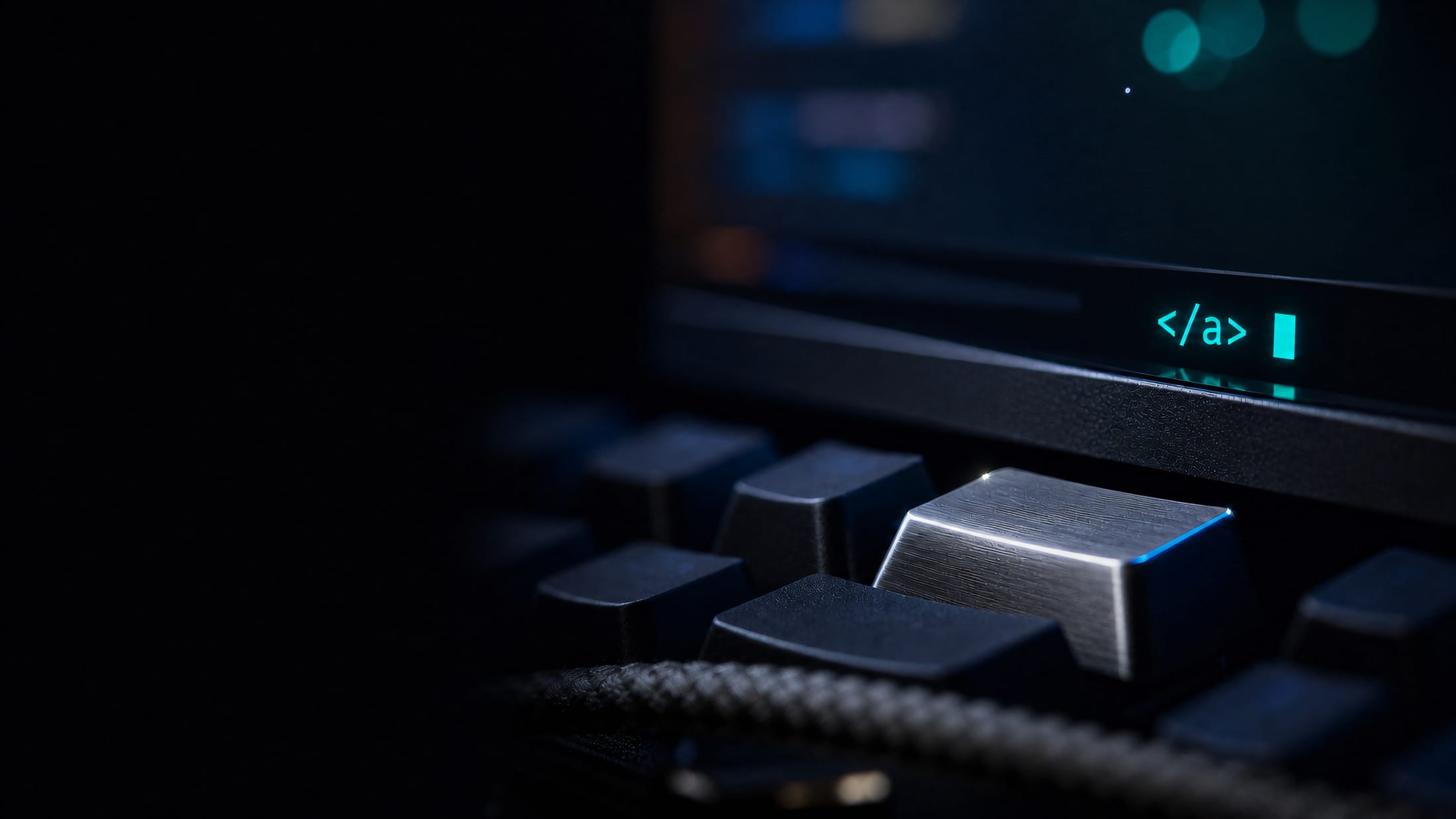A mechanical keyboard beneath a dark monitor at night, a few characters of code sharp beside a glowing teal cursor