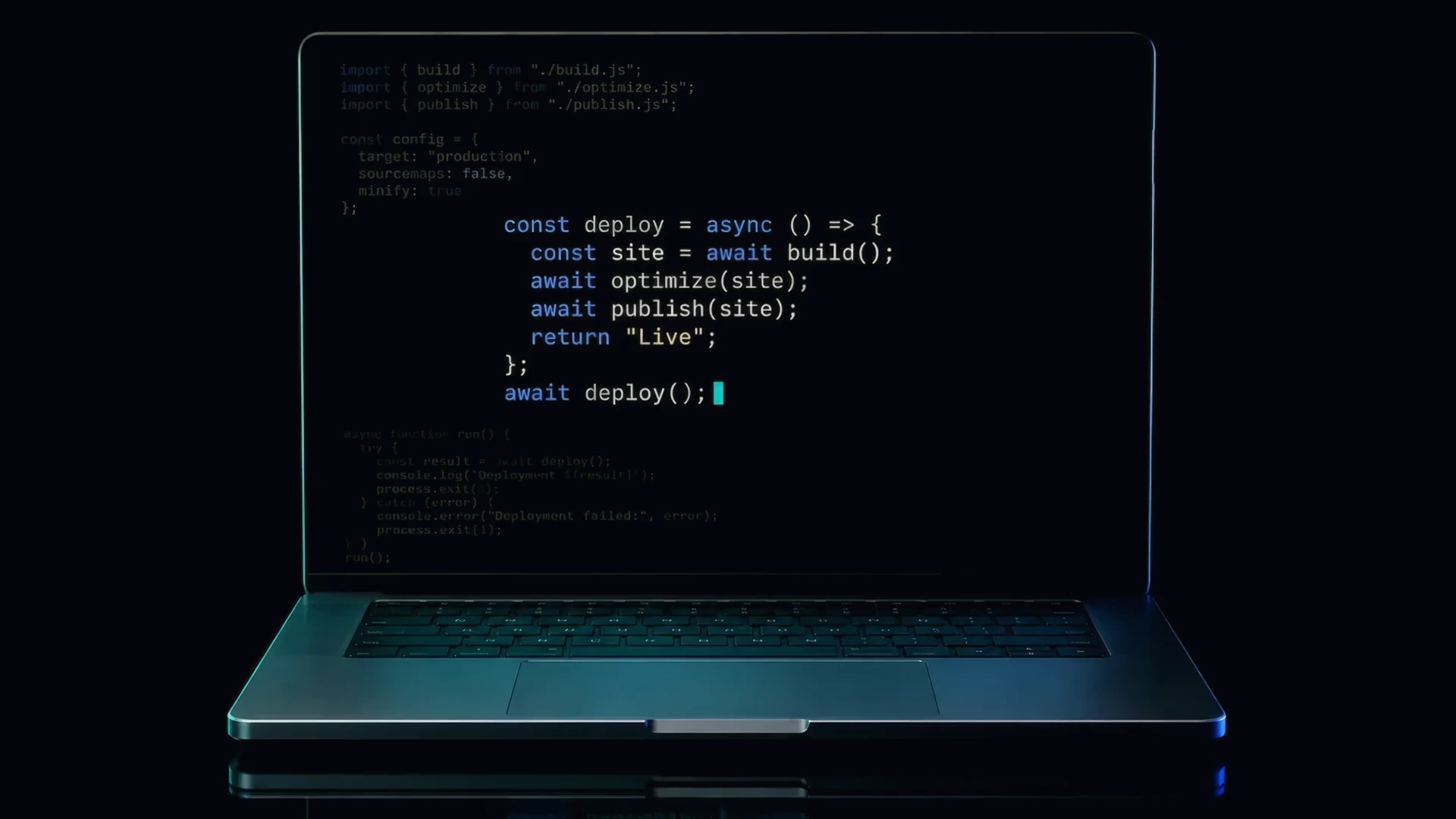 A laptop screen showing the hand-written deploy code behind a BellCode website build