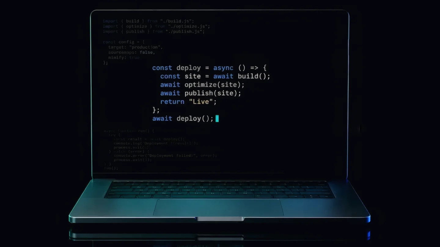 A laptop screen showing the hand-written deploy code behind a BellCode website build