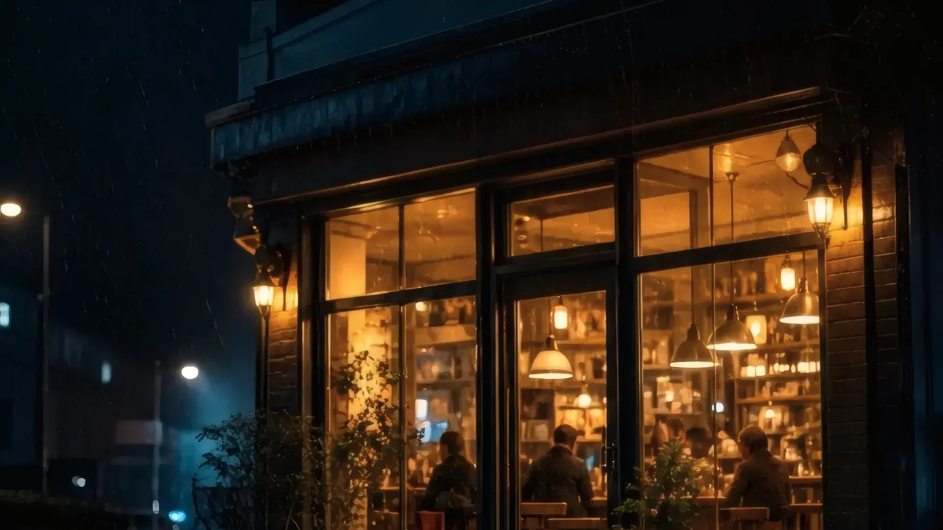 The same storefront with its interior, window and doorway lights on, warm light spilling across the wet pavement
