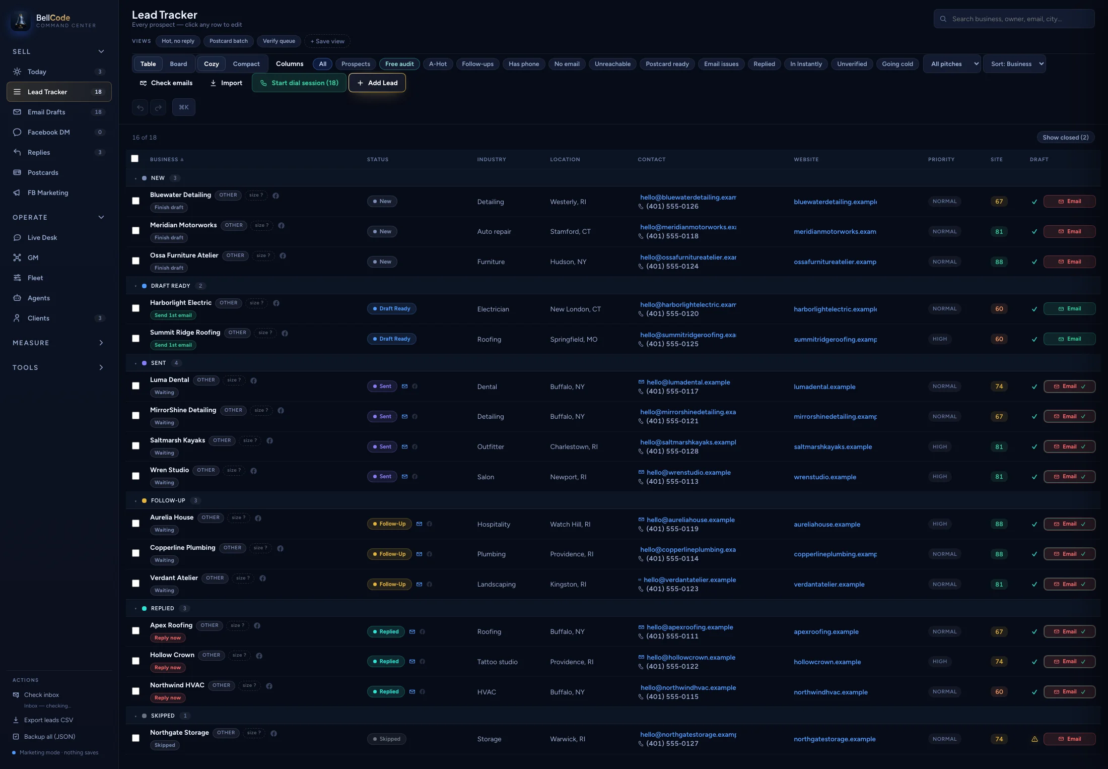 The BellCode Command Center lead tracker, the internal system our studio runs on, shown in its marketing mode with fictional demo businesses