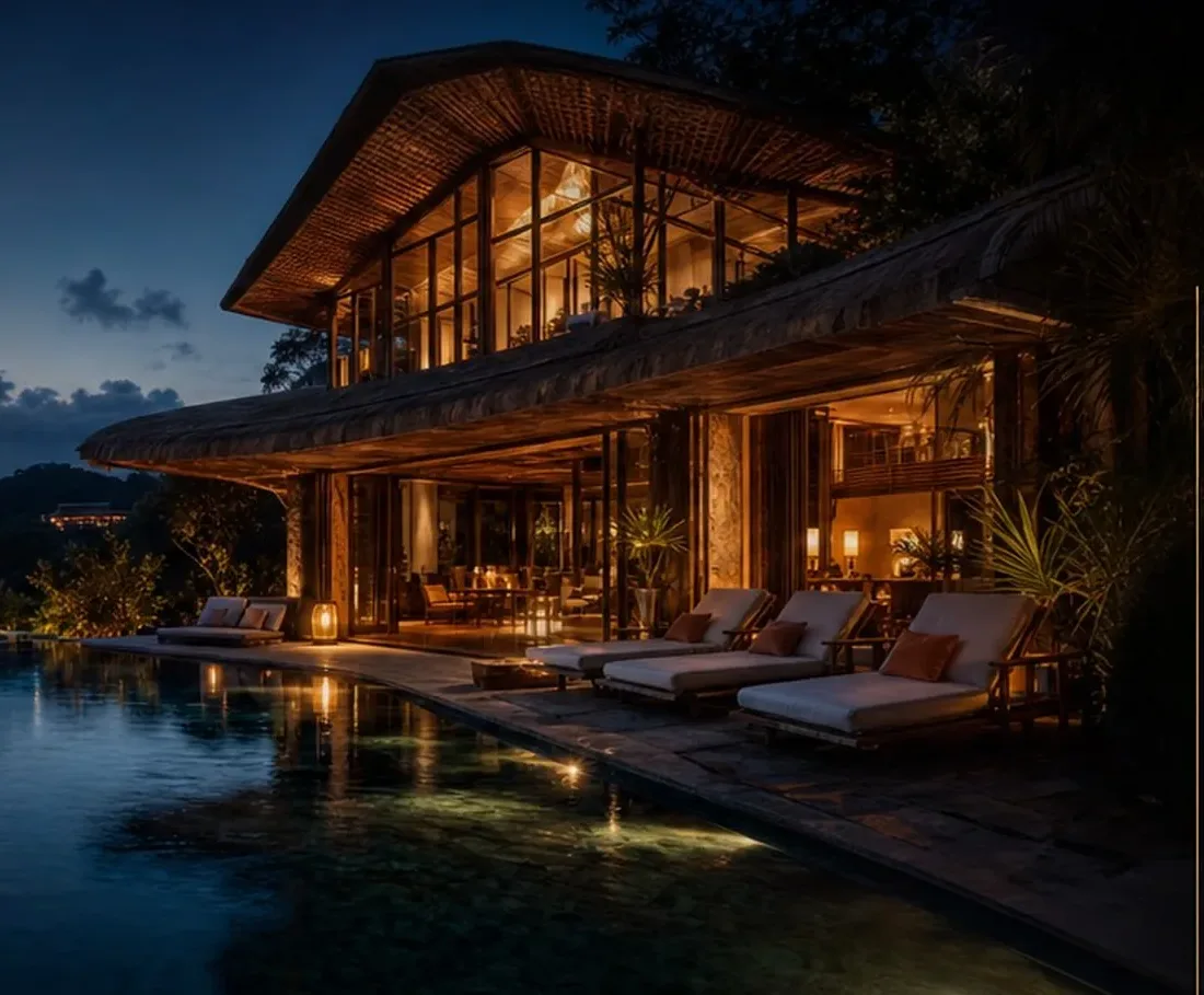 A luxury coastal villa and infinity pool at dusk