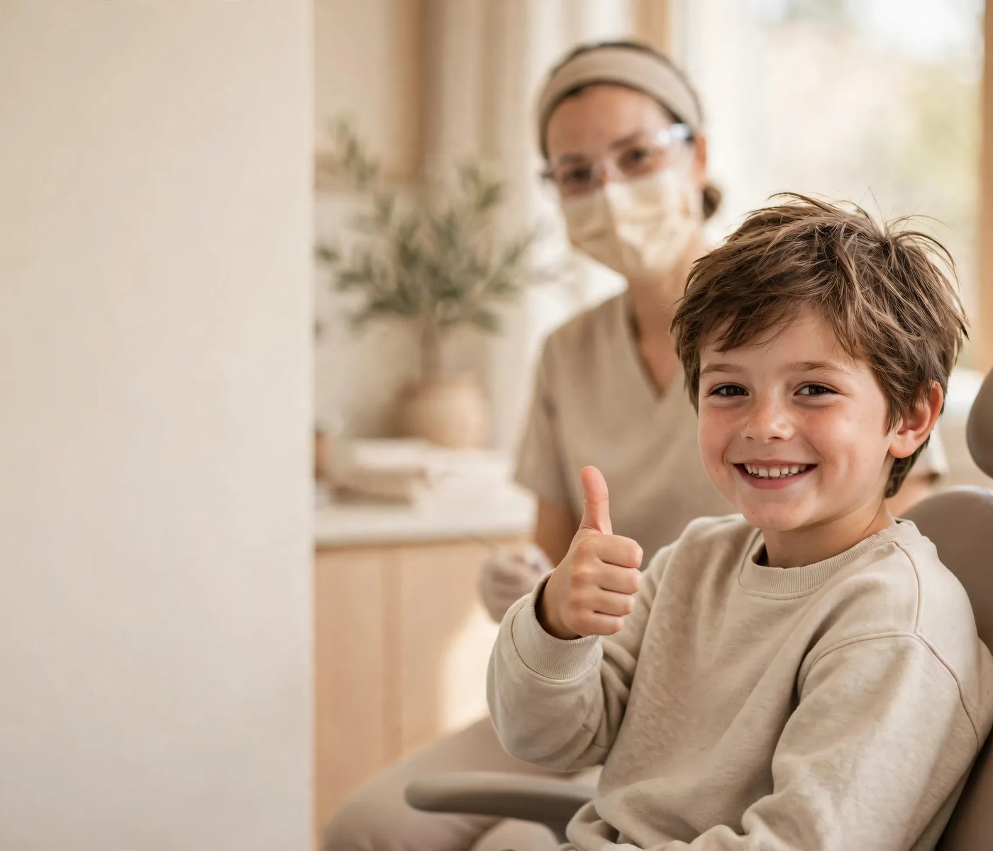 A young boy giving a thumbs up from the chair after his check-up, a hygienist smiling behind him