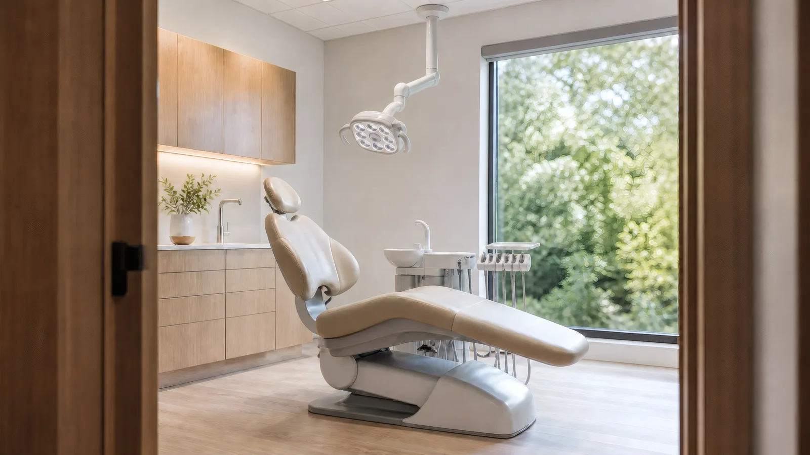A treatment room seen through an open wood door, a cream chair and overhead light beside a window full of trees
