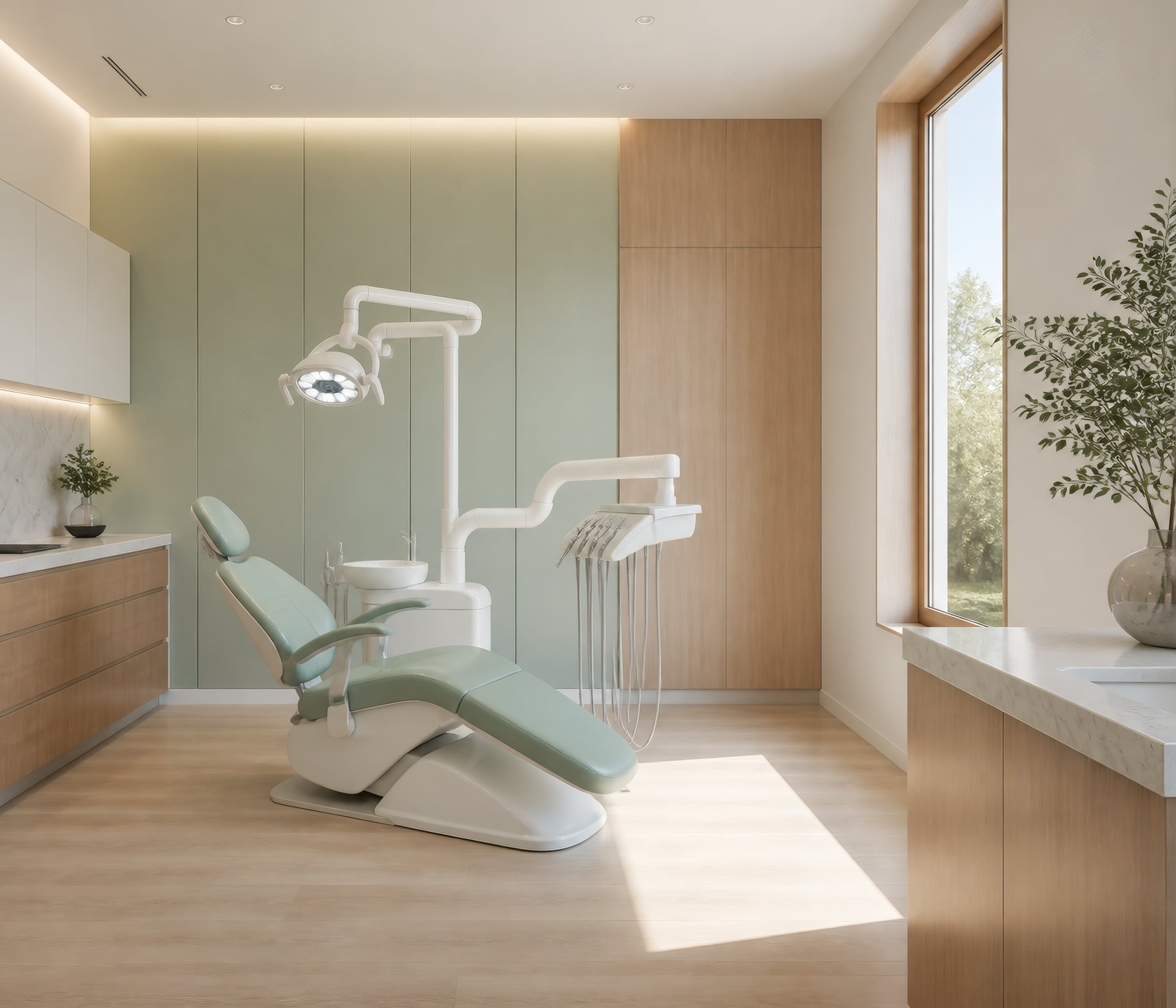 A treatment room in morning light, mint green dental chair under an overhead lamp, pale wood cabinets and a window onto trees