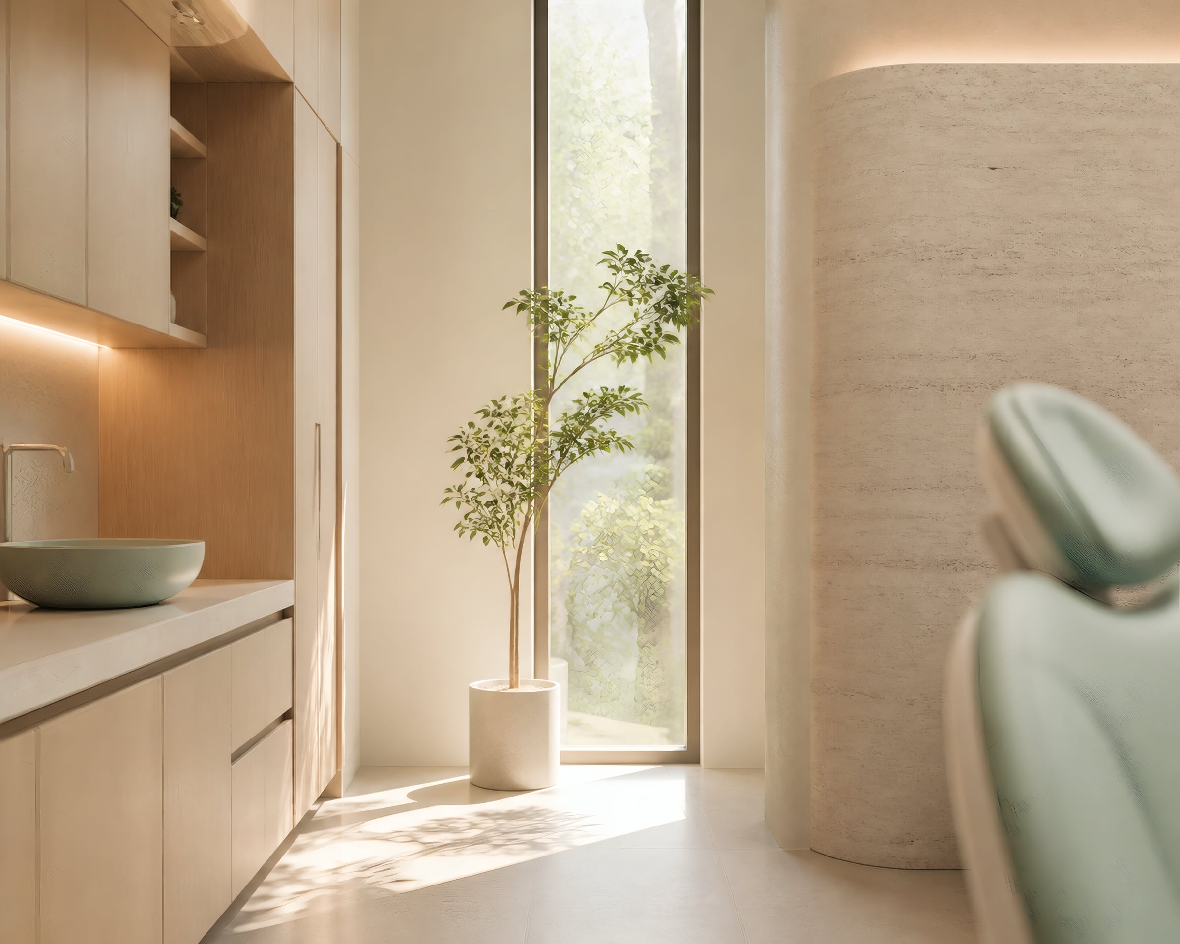 A quiet corner of the practice in morning light, a tall window and a potted tree beside a curved stone wall, the edge of a mint chair at the right