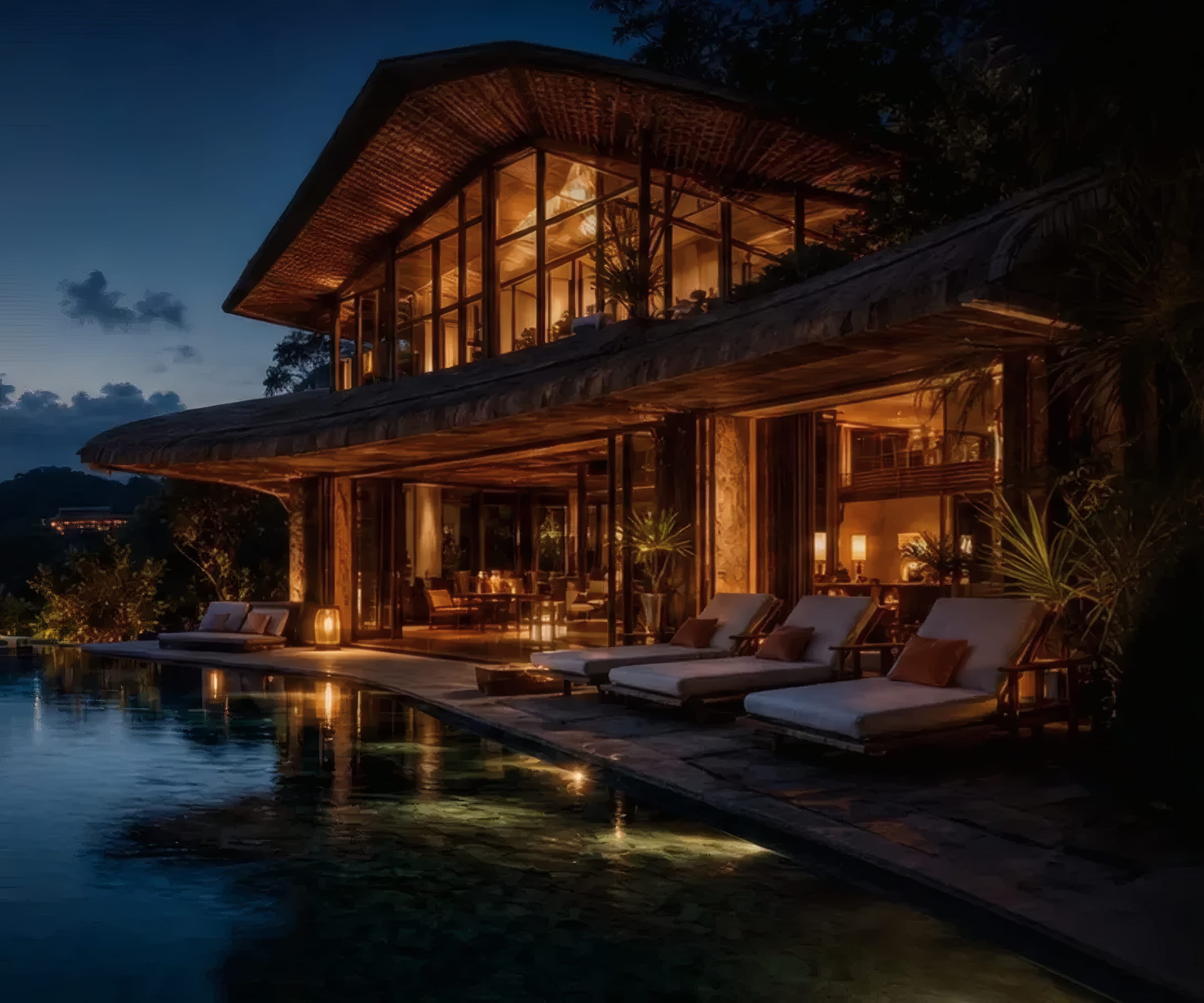 A timber house at dusk, warm light through the tall windows and along the covered terrace, long chairs set out beside still water